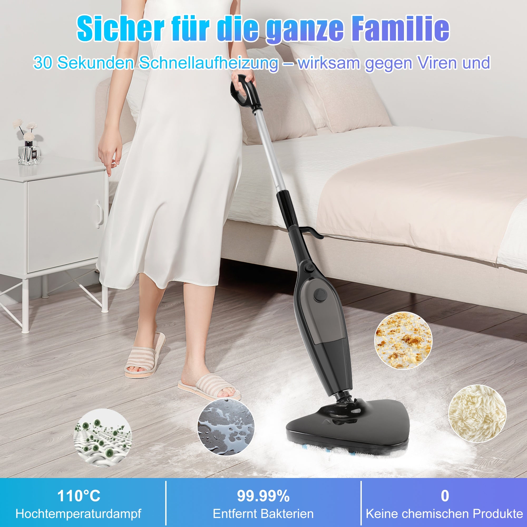 Mop parowy 2000 W Usuwa do 99,9% bakterii i wirusów Packaging status original