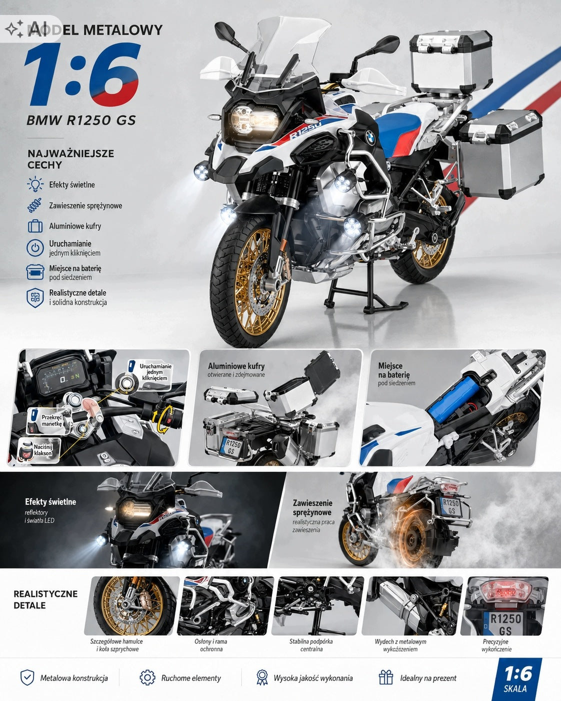 Motorcycle R1250 GS 1:6 Metal Light Sounds 3 Trunks XXL Collectible Packaging status original