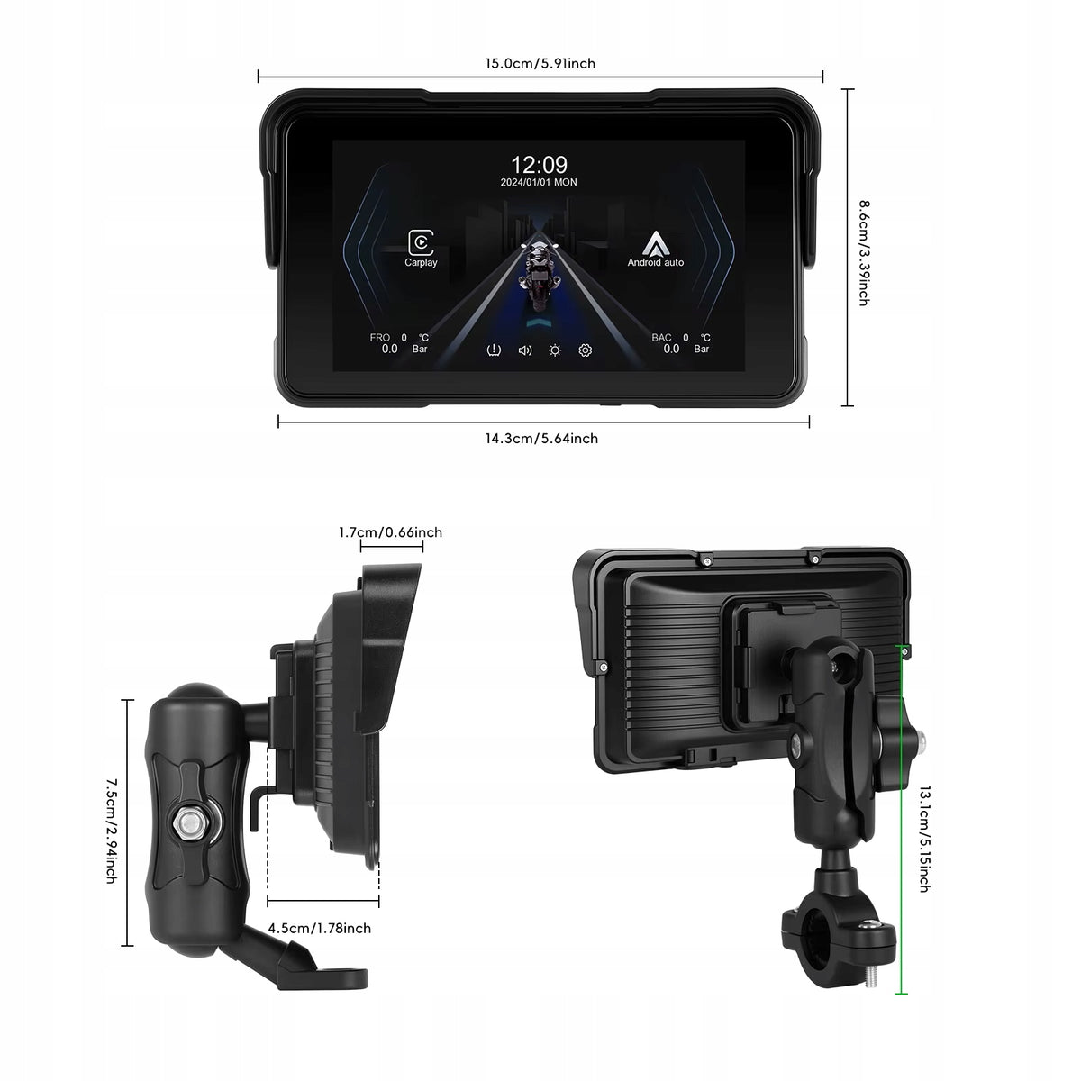 Motorcycle Touch Screen CarPlay / Android Auto 5” Podofo A4527 Manufacturer code A4527
