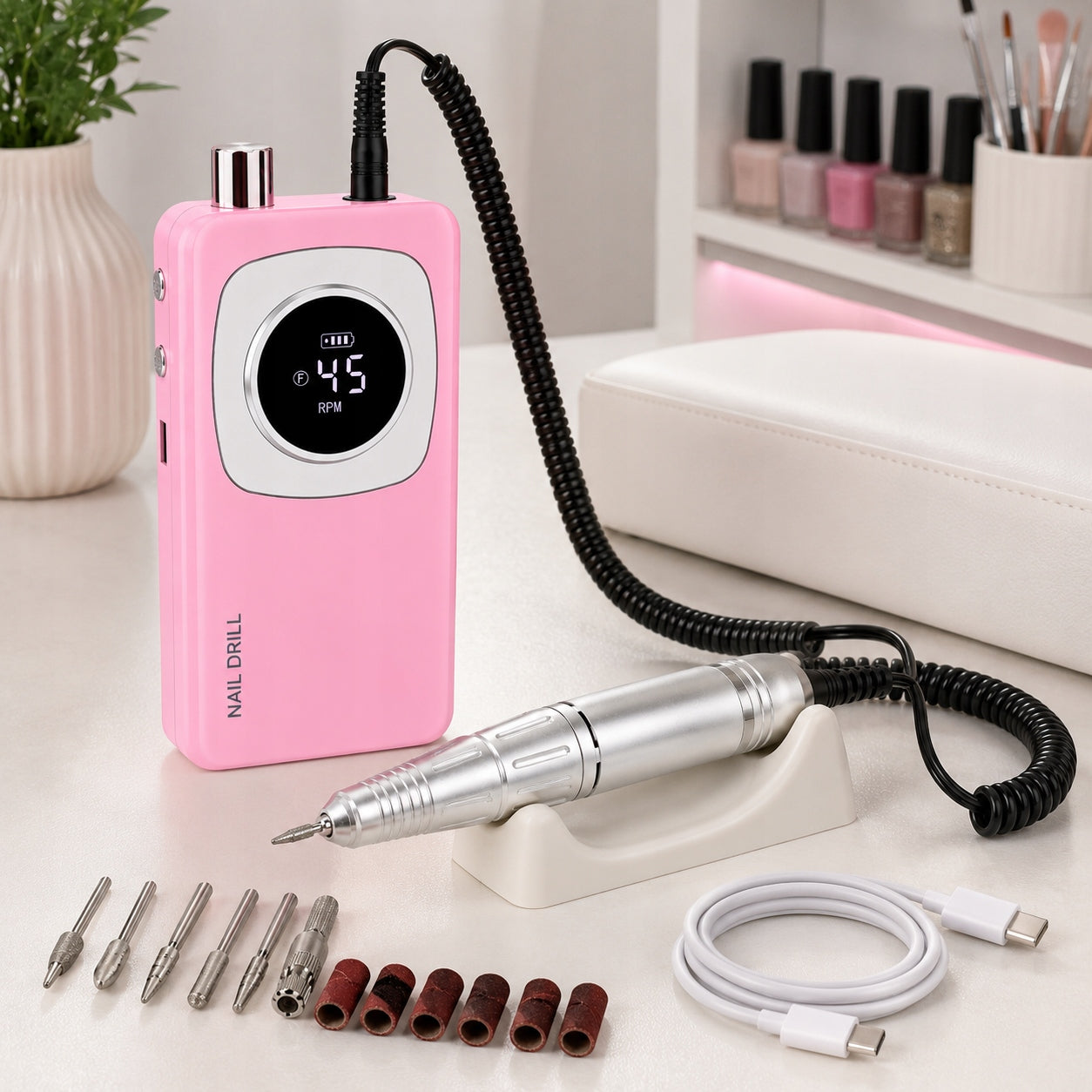 NAIL MILLING MACHINE 45000RPM LCD USB-C CORDLESS 6 CUTTERS PRO Packaging status original