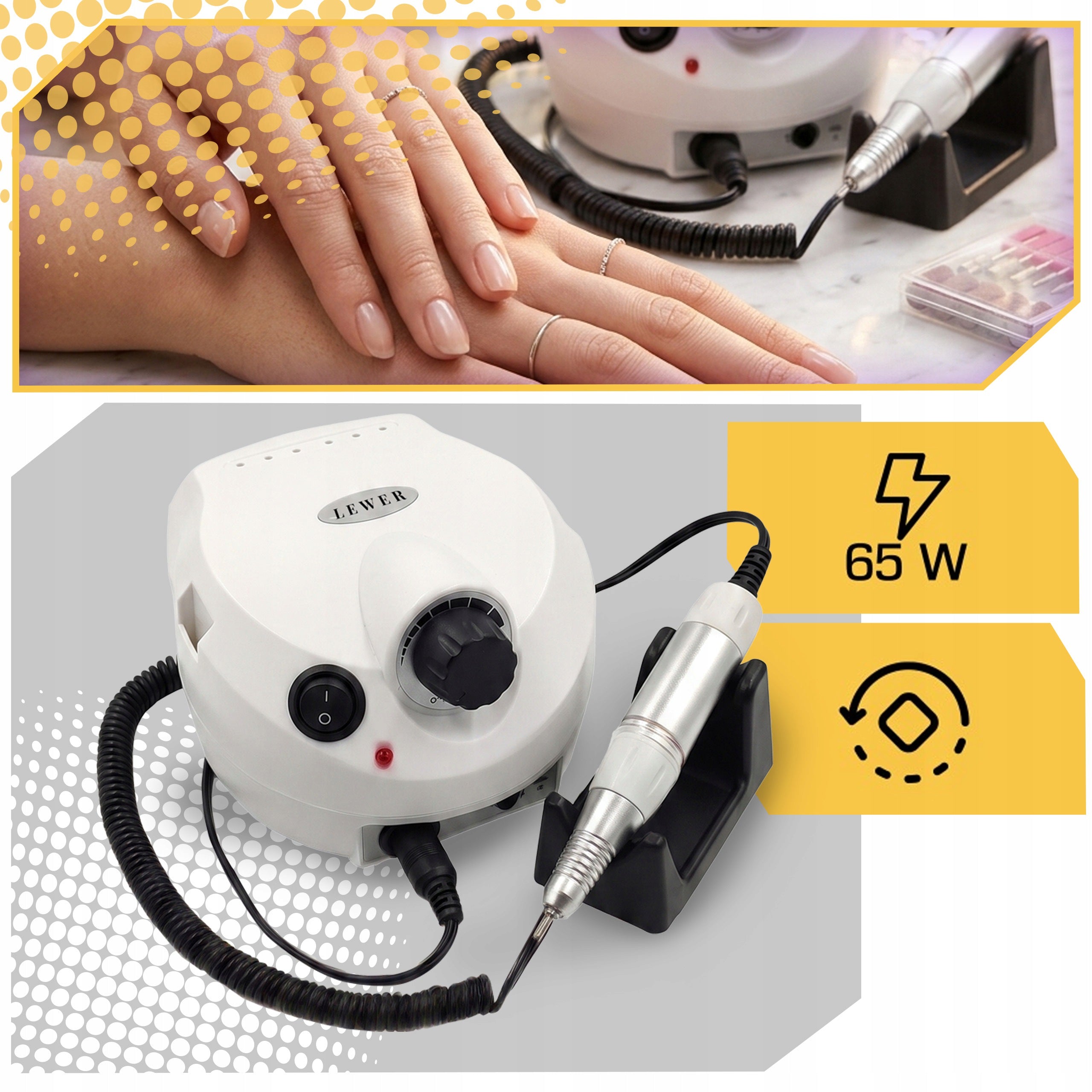 NAIL MILLING MACHINE MANICURE PEDICURE 65W PROFESSIONAL STRONG SET OF cutters Manufacturer code FREZARKA DO PAZNOKCI 65W BIAŁA ZESTAW PRO