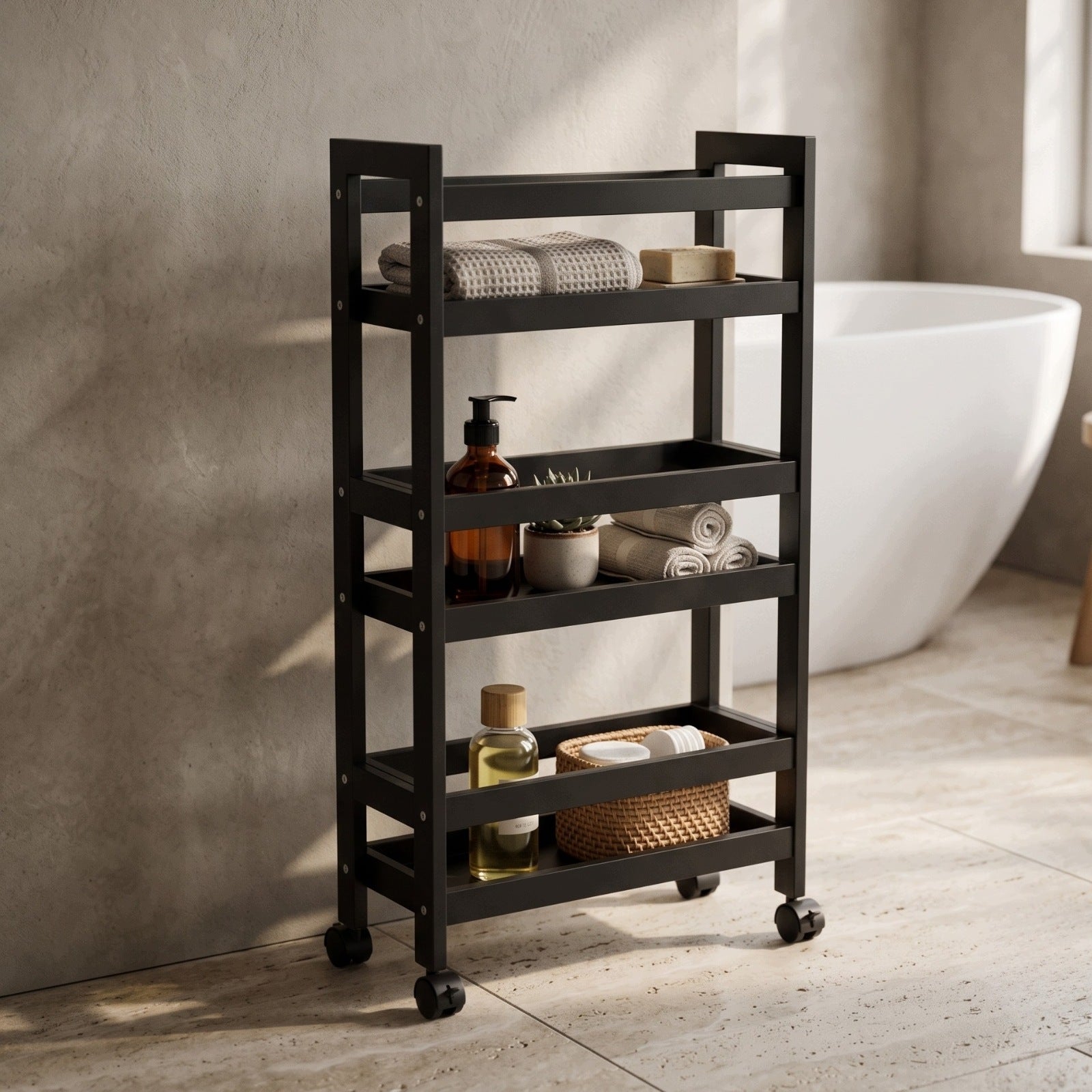 NARROW BATHROOM RACK ON WHEELS BAMBOO 38X15X76 CM BLACK 3 SHELVES Brand NUXIO