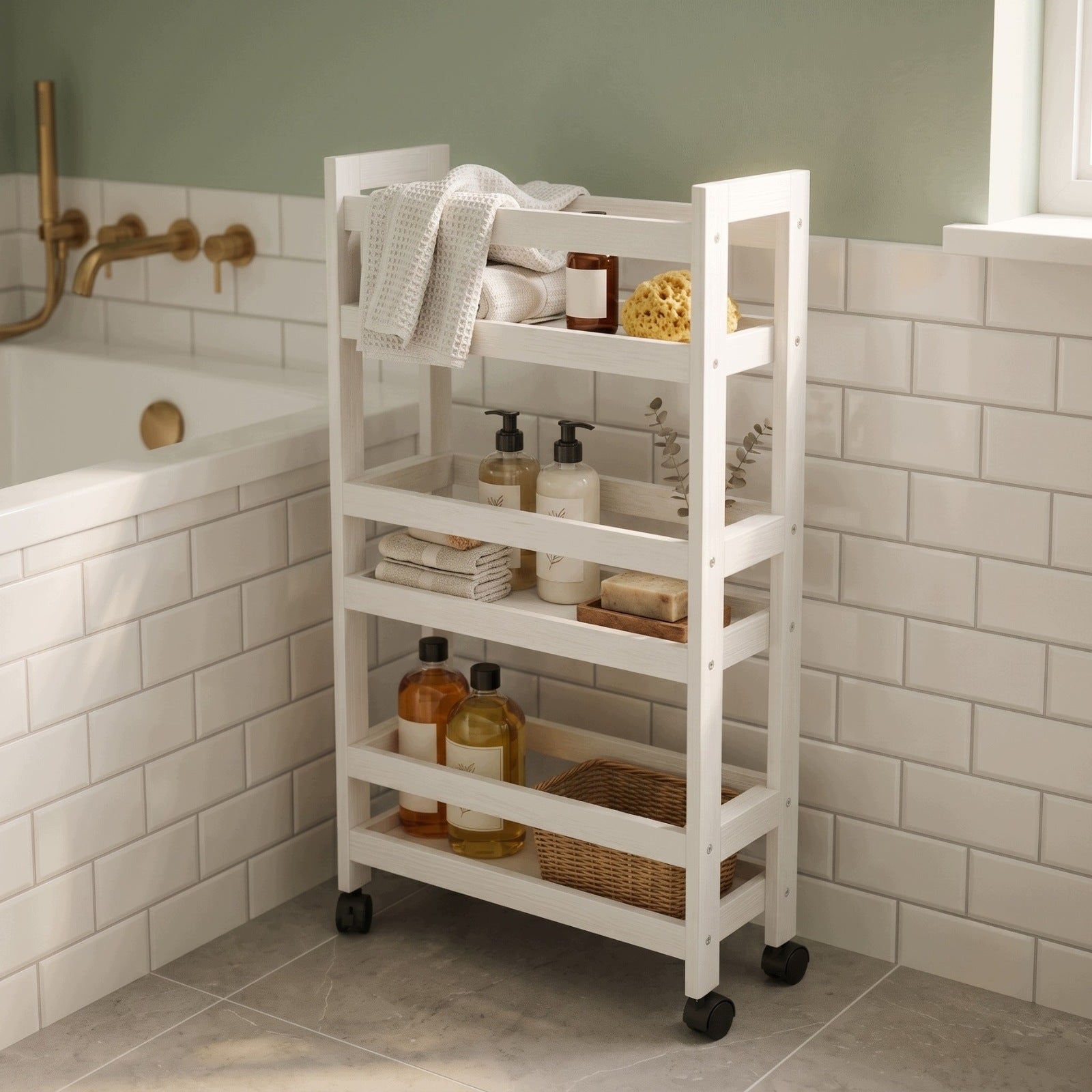 NARROW BATHROOM RACK ON WHEELS BAMBOO 38X15X76 CM WHITE 3 SHELVES Brand NUXIO