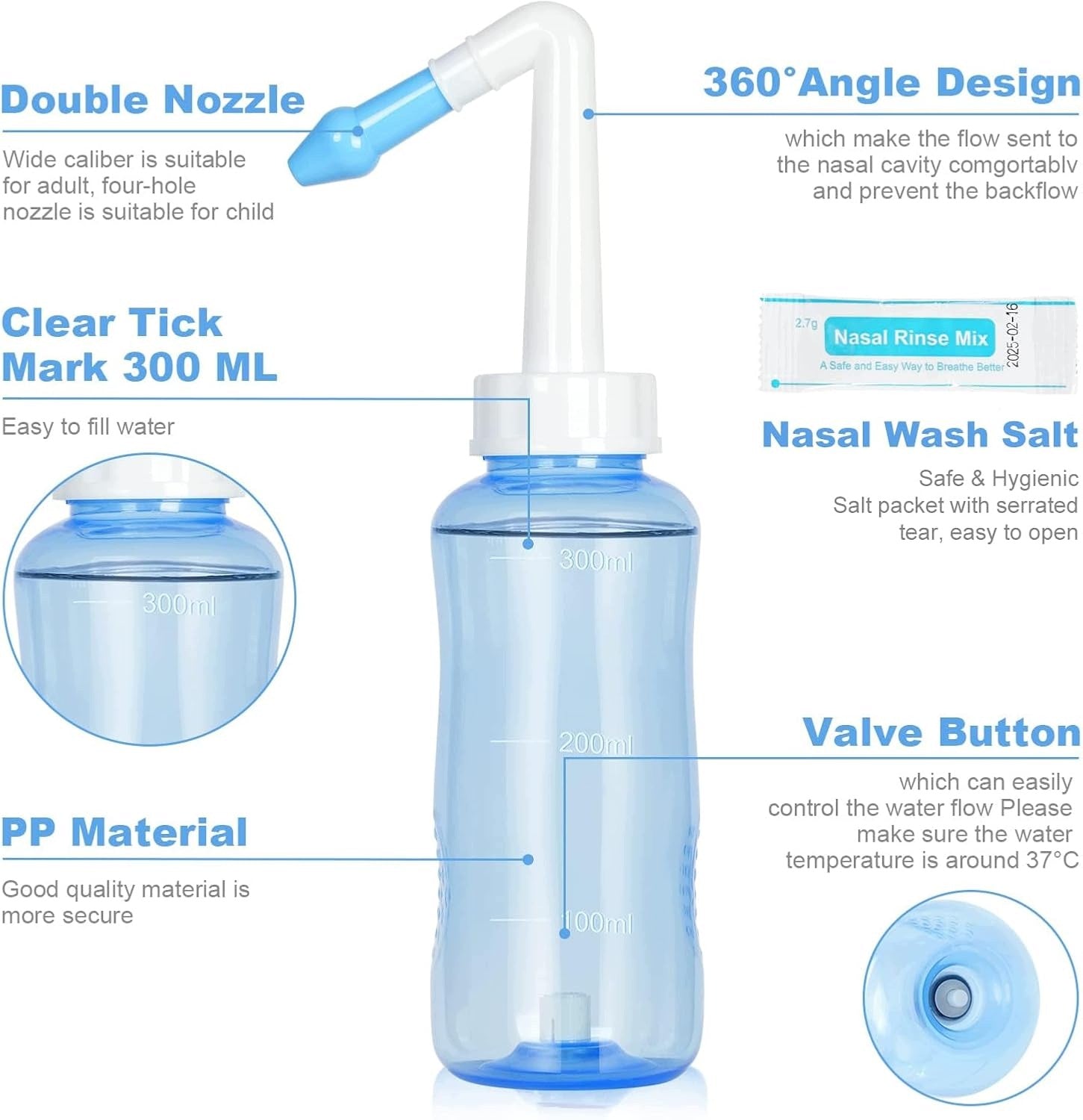 NASAL RINSE SET 300ML BOTTLE + 40 SACHETS OF BPA SALT