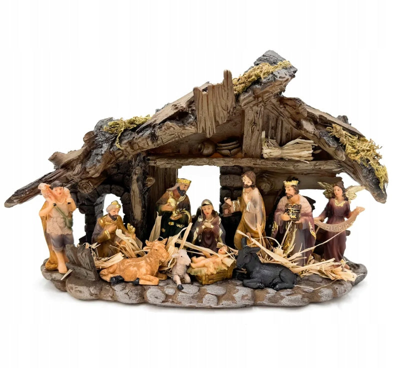 NATIVITY SCENE STONE 28 CM WITH LIGHTING AND FIGURES STABLE