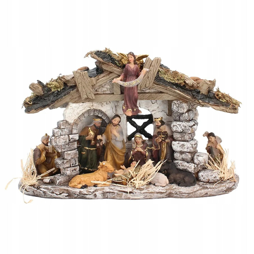NATIVITY SCENE STONE 30 CM WITH LIGHTING AND STABLE FIGURES