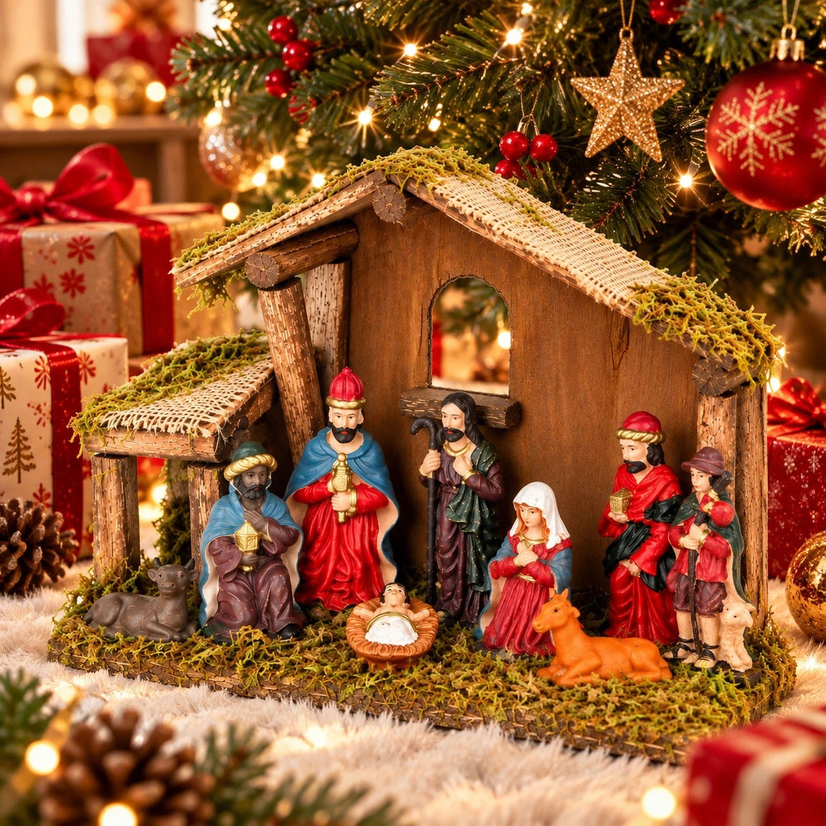 NATIVITY SCENE wooden with ceramic figurines stable 30 cm Packaging status original