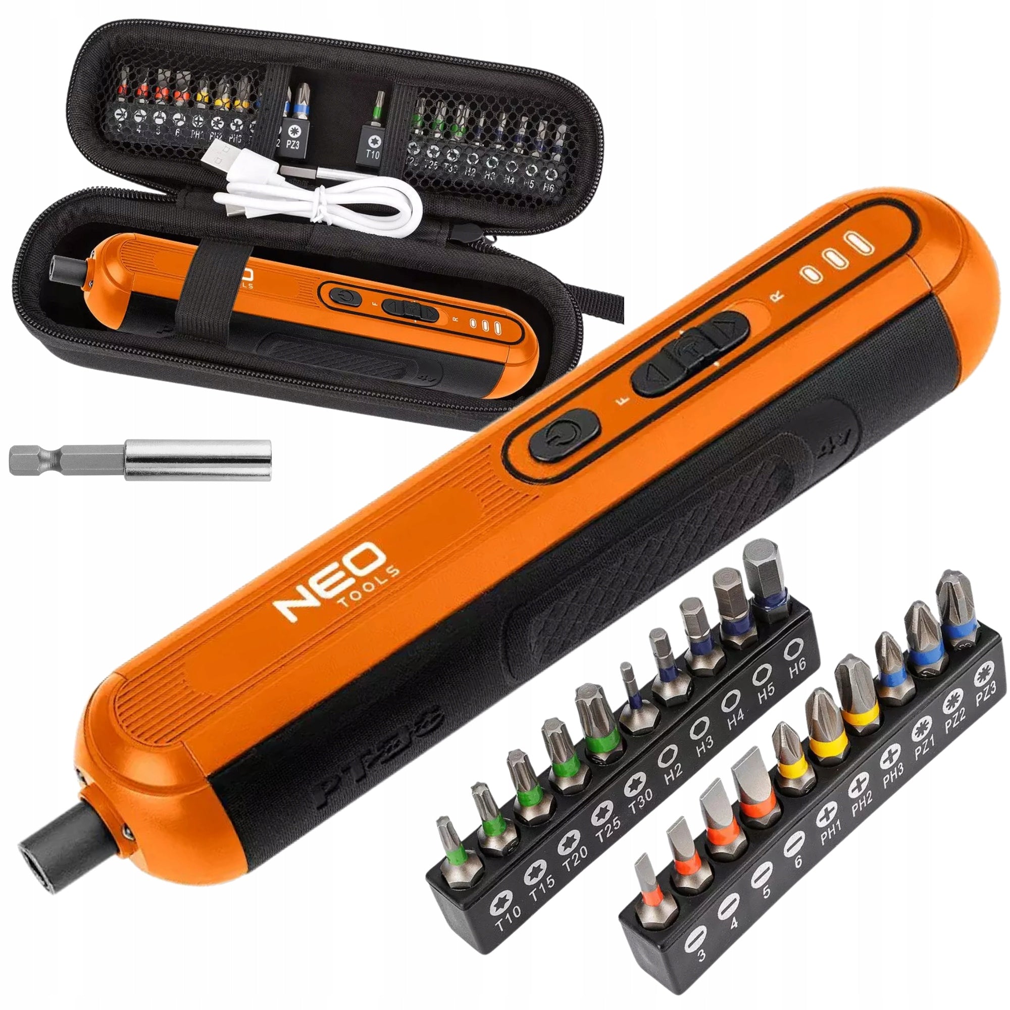 NEO TOOLS Screwdriver Cordless Screwdriver 4V, USB-C + Bit Set Pouch