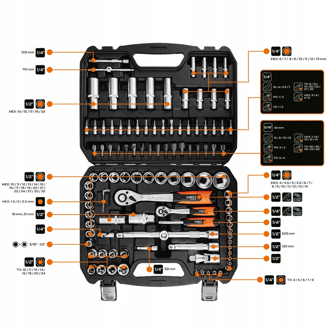 NEO TOOLS Socket Wrench Set 108 el. 1/2" 1/4" Suitcase Stainless Steel Brand NEO TOOLS