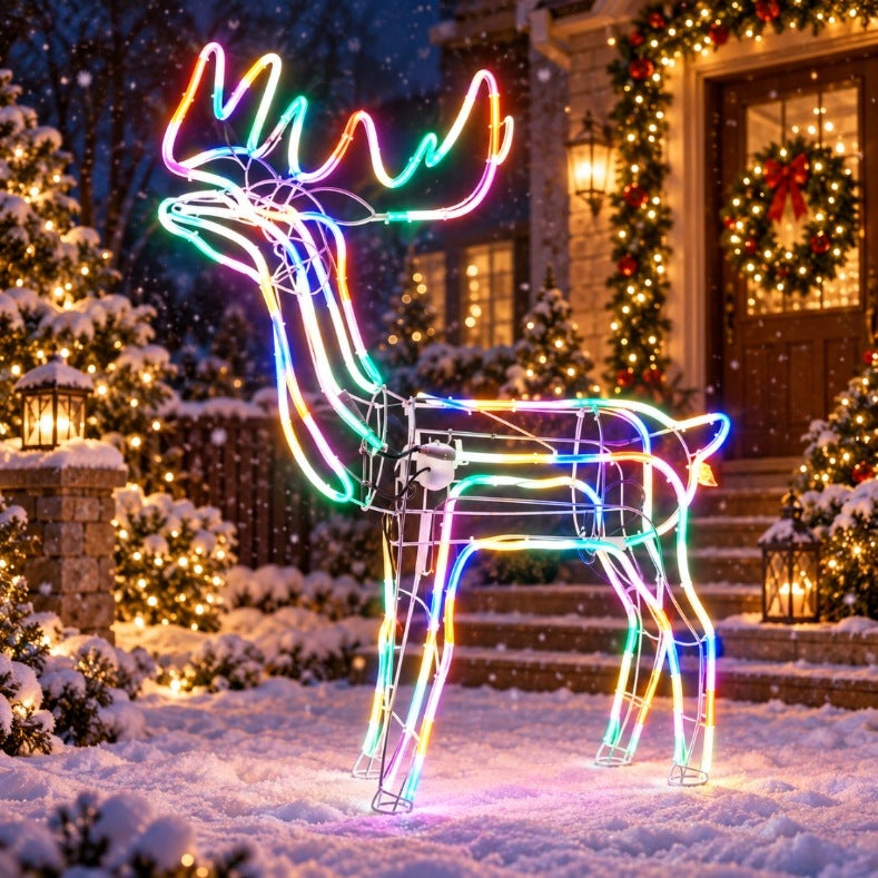 NEON LED XXL Reindeer 125 cm Colorful with Moving Head 3D IP44 2 Plugs Manufacturer code ART NO : 3981 M