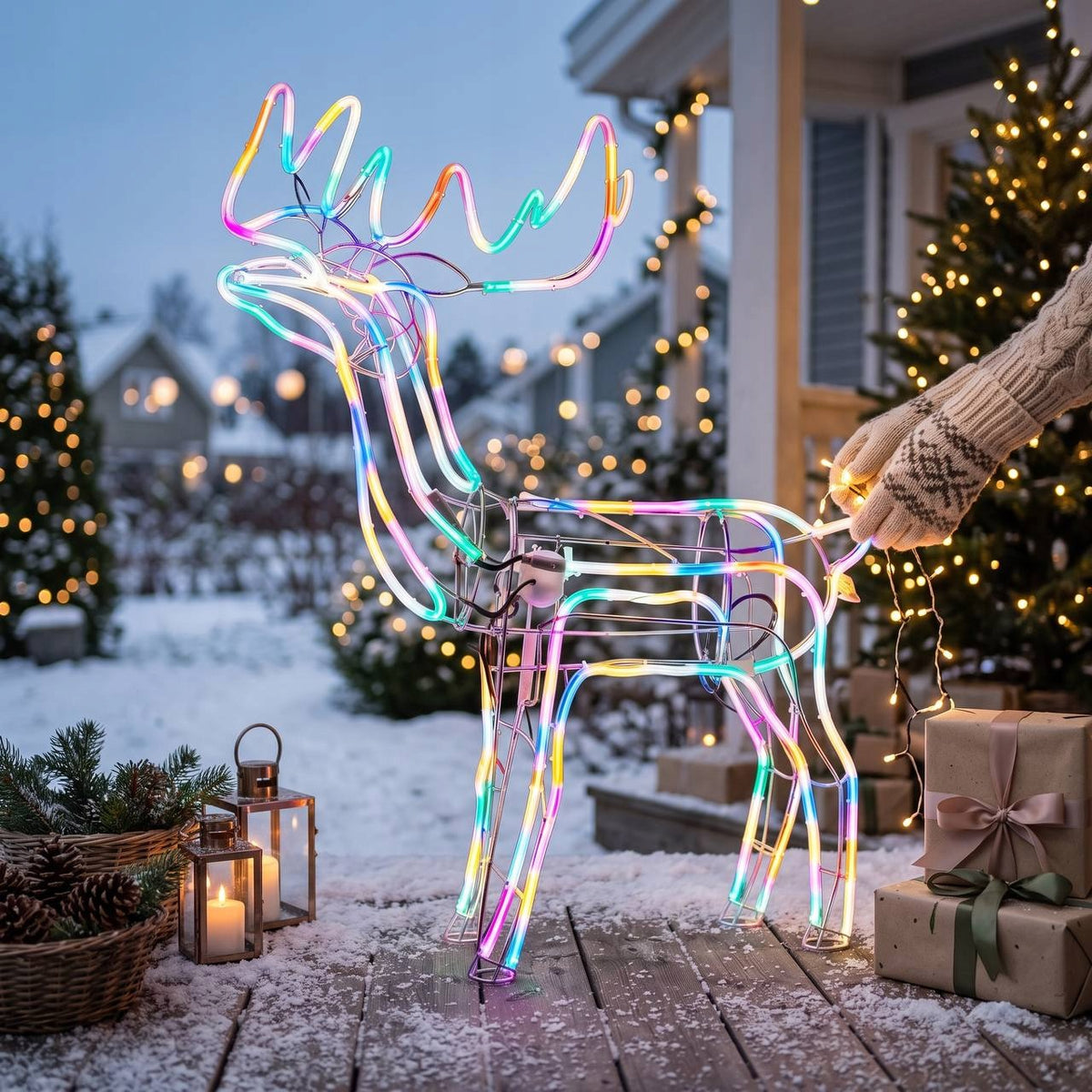 NEON LED XXL Reindeer 125 cm Colorful with Moving Head 3D IP44 2 Plugs