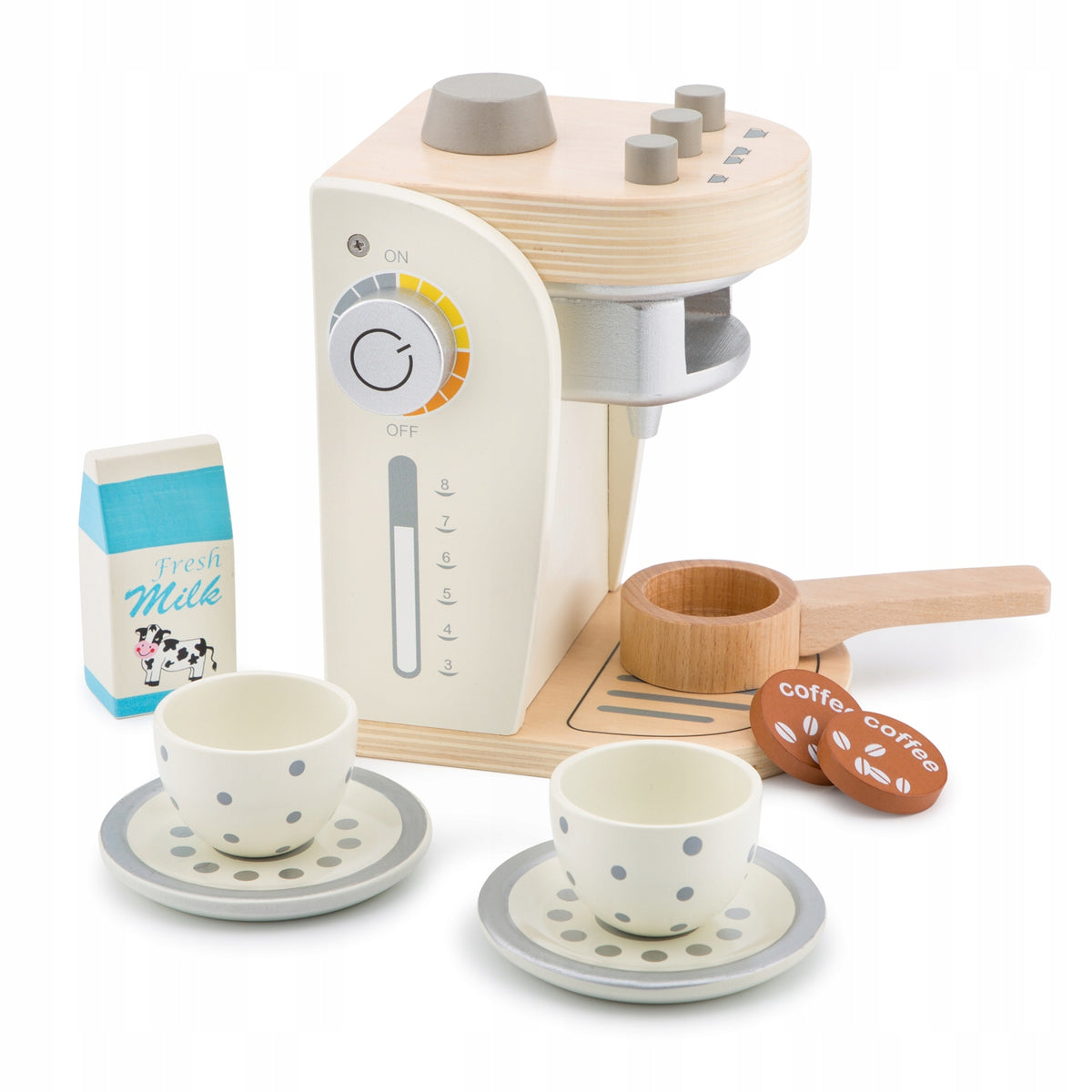 NEW CLASSIC TOYS WOODEN COFFEE MAKER + CUPS, MILK EAN (GTIN) 8718446107055