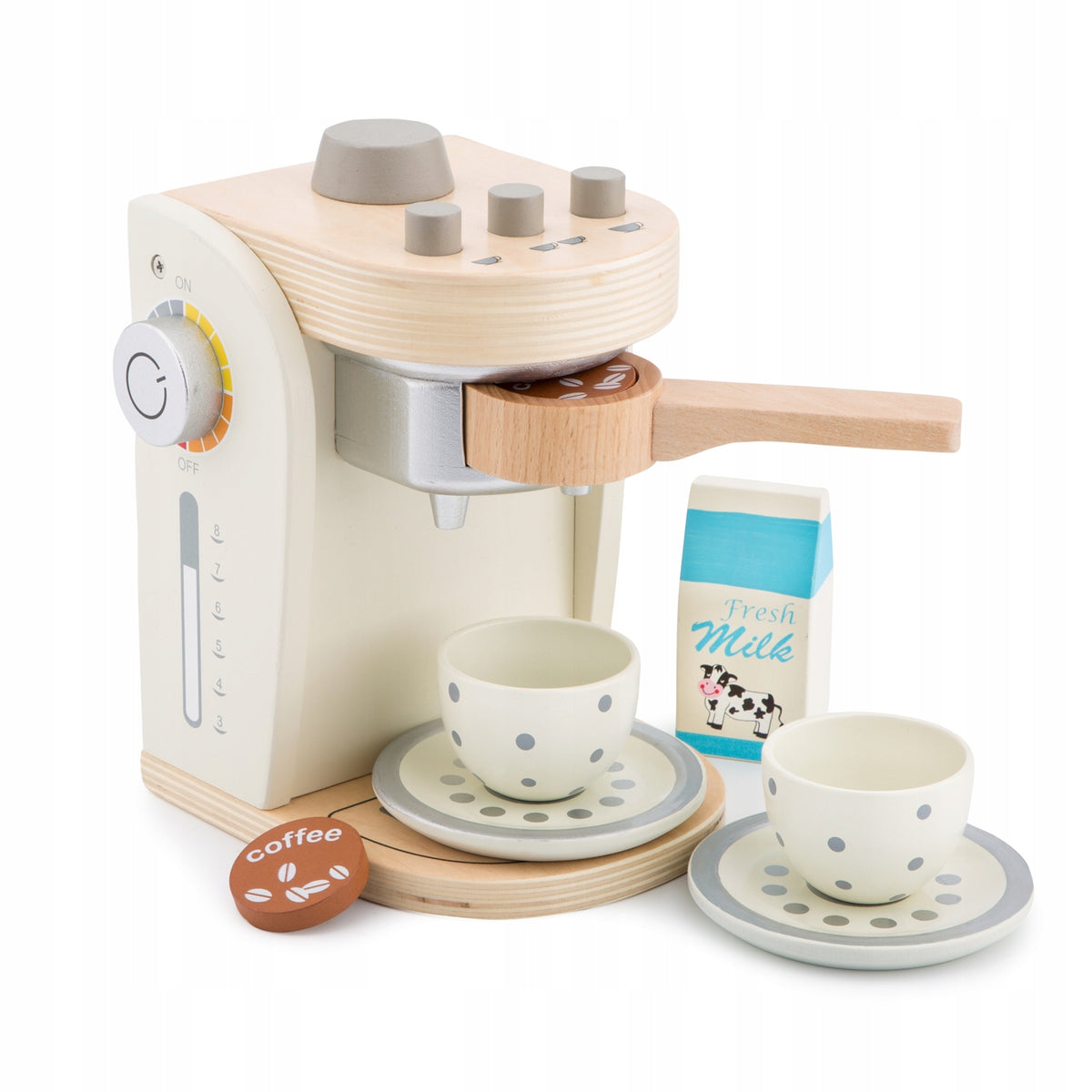 NEW CLASSIC TOYS WOODEN COFFEE MAKER + CUPS, MILK