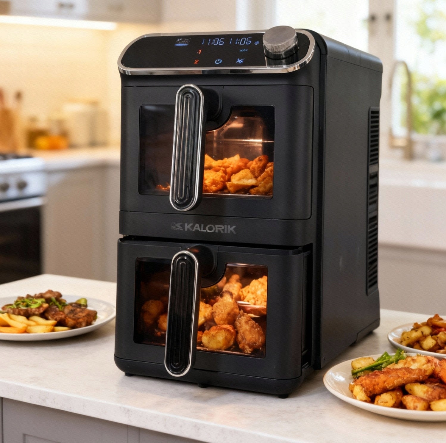 NON-FAT TWO-CHAMBER VERTICAL AIR FRYER 2460W 11L AIR FRYER 2 GRATES Dominant color black