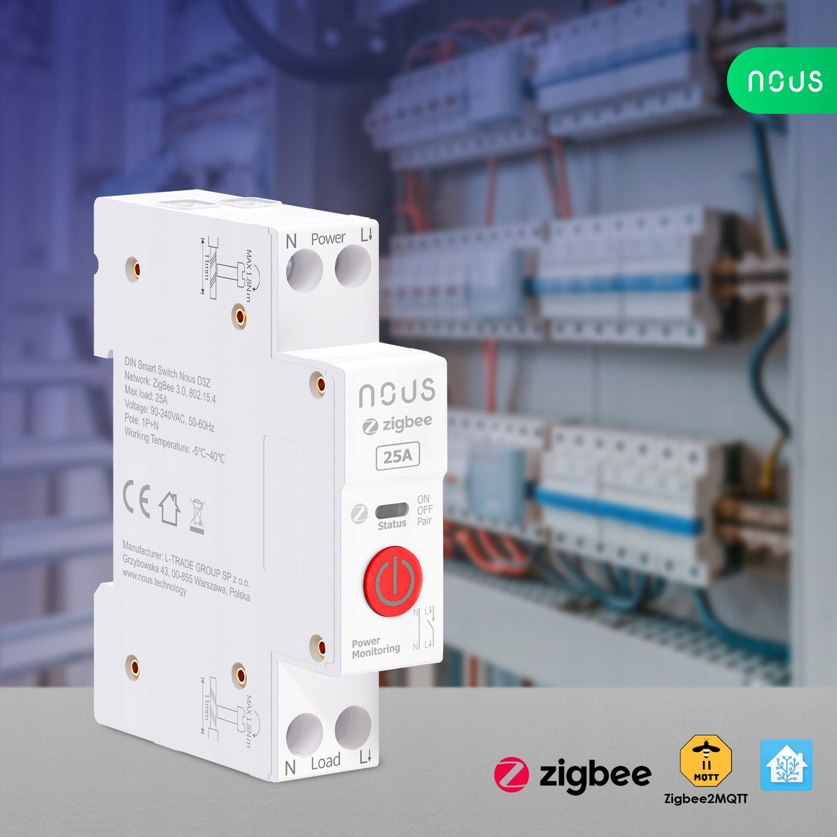 NOUS D3Z ZigBee 3.0 Circuit Breaker DIN 25A Control Smart Home Alexa Google Brand Nous