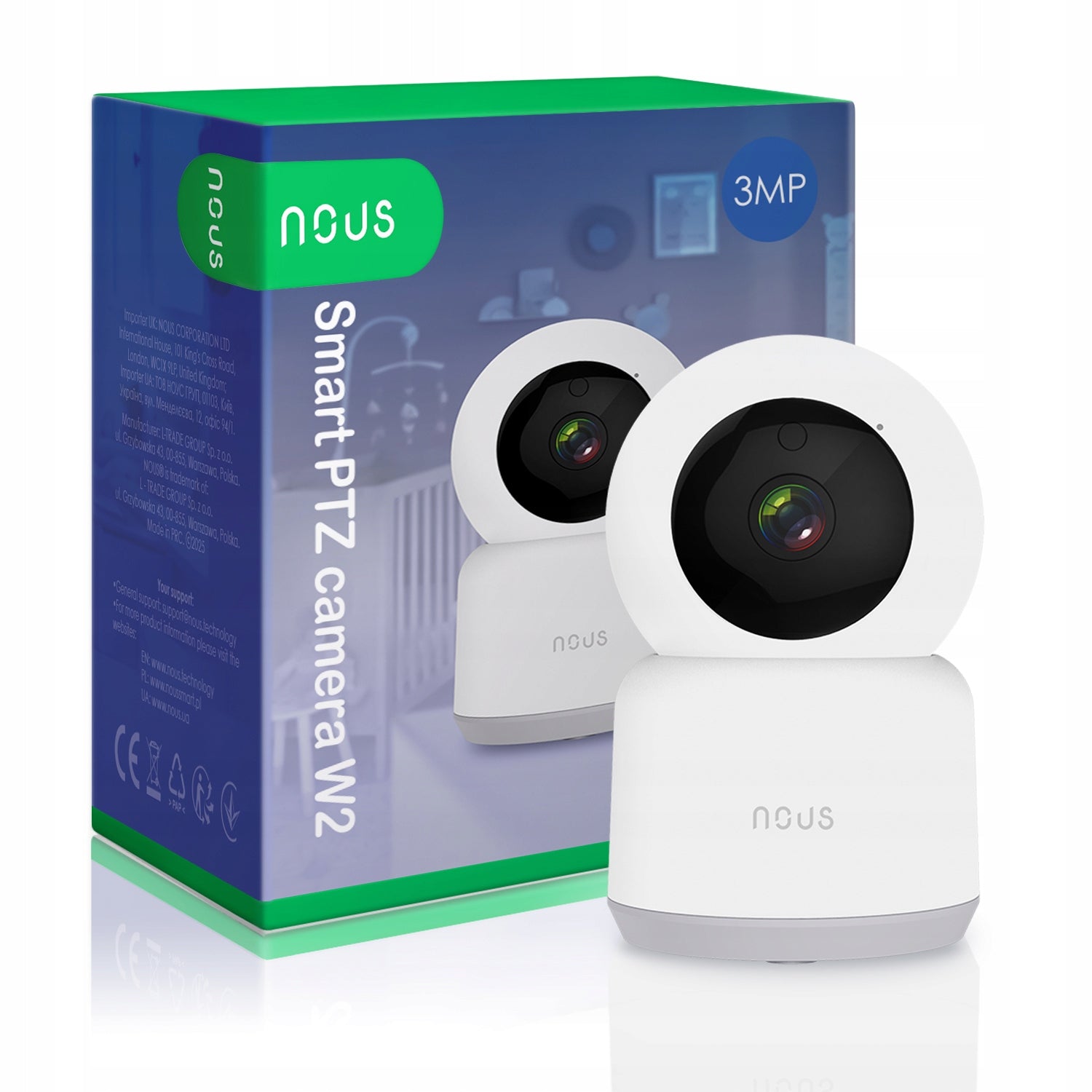 NOUS W2 WiFi PTZ Camera 3MP Rotating Night Motion Detection Alexa Google Manufacturer code W2
