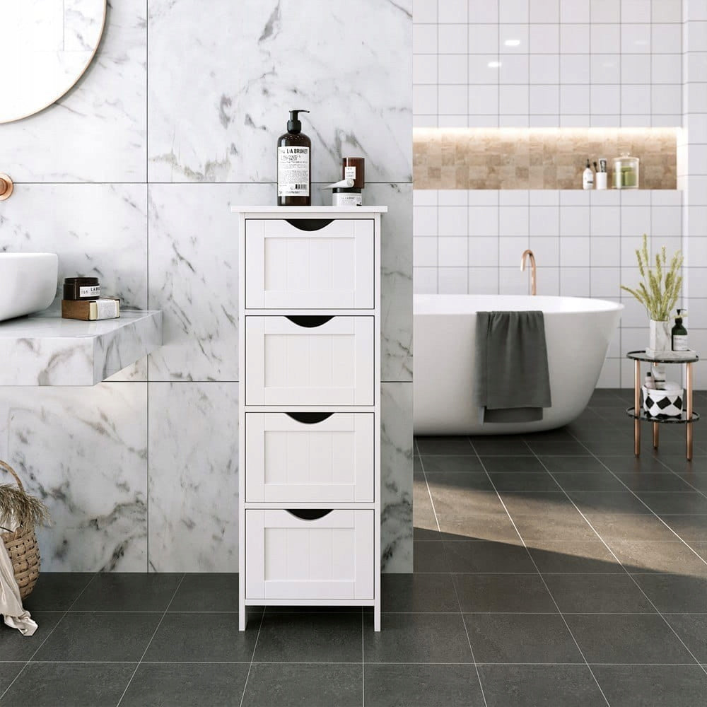 Narrow Bathroom Cabinet Standing Post 4 Drawers White Packaging status original