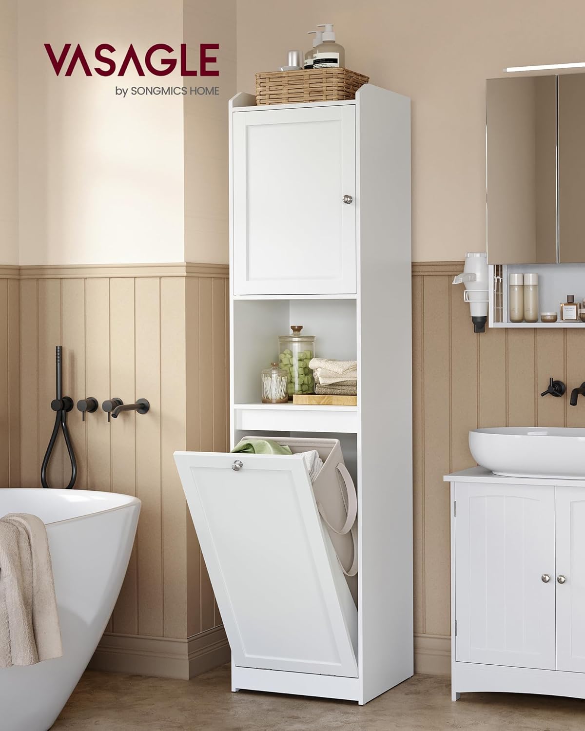 Narrow Bookcase Bathroom Post WHITE 2in1 Cabinet with Laundry Basket Shelf Furniture color white