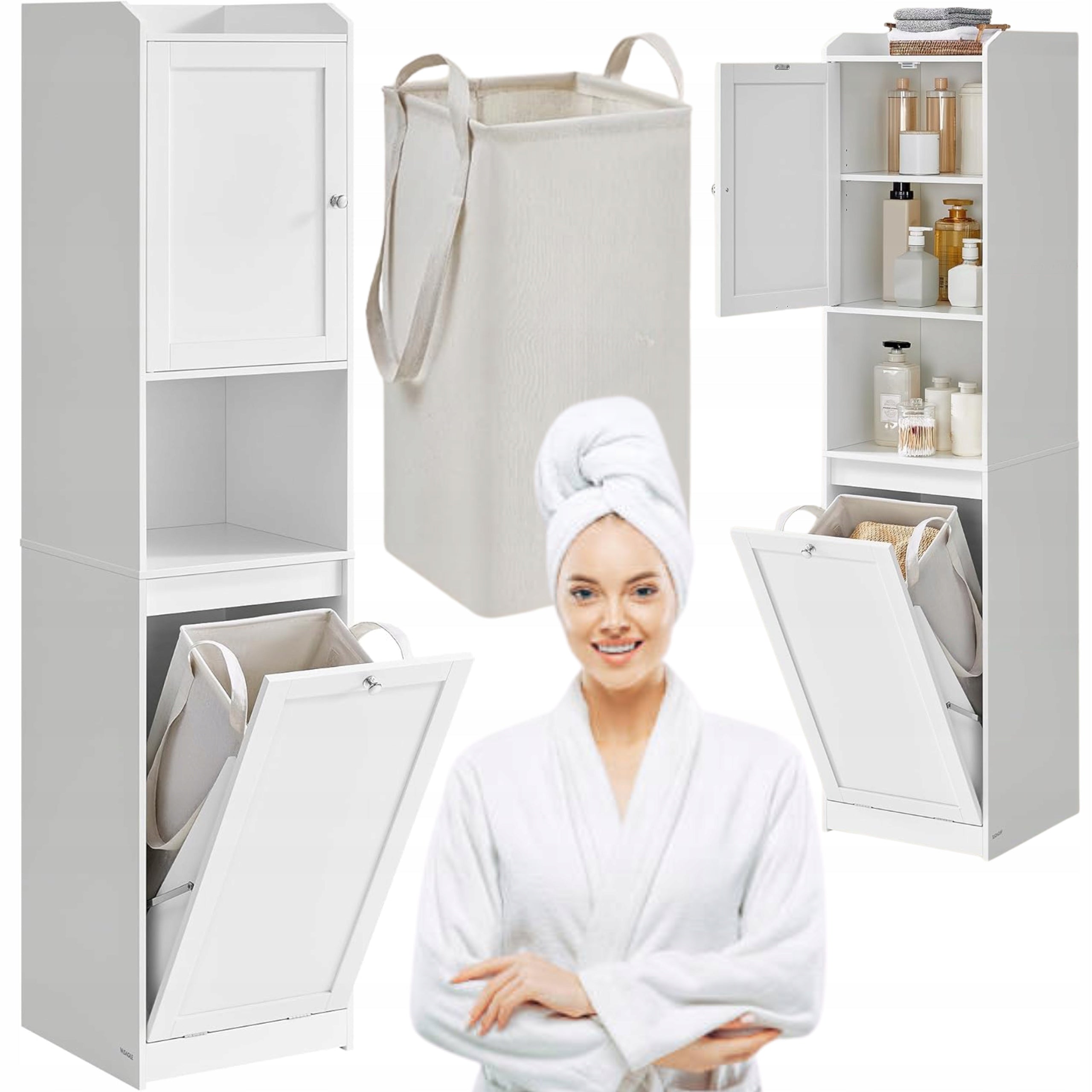 Narrow Bookcase Bathroom Post WHITE 2in1 Cabinet with Laundry Basket Shelf
