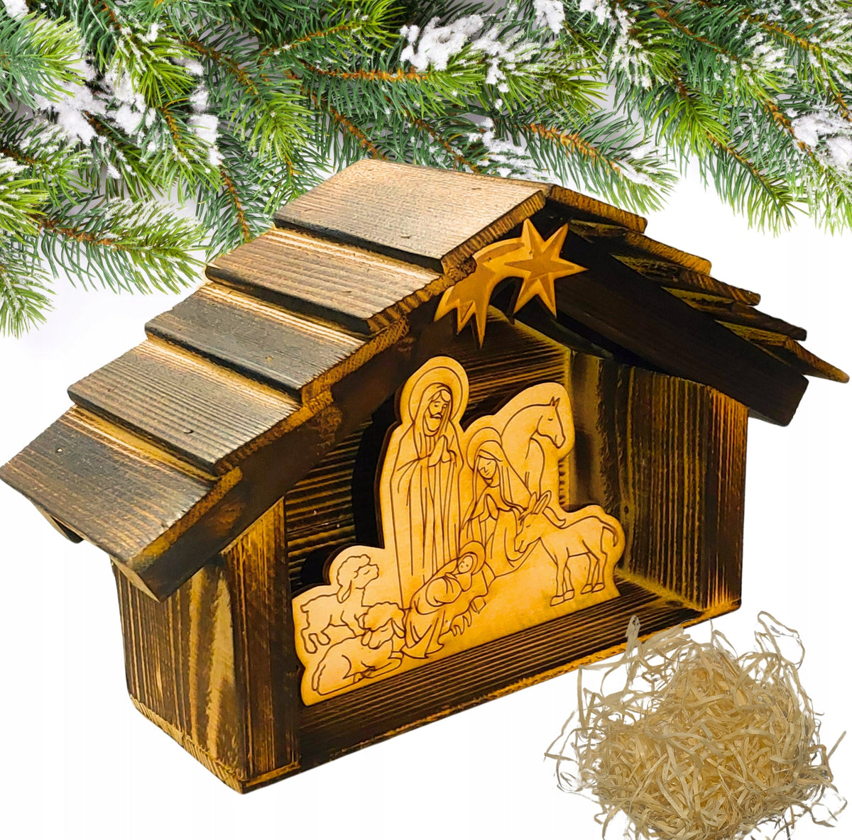 Nativity Scene Wooden Christmas Handmade Solid+ Hay + Graphics