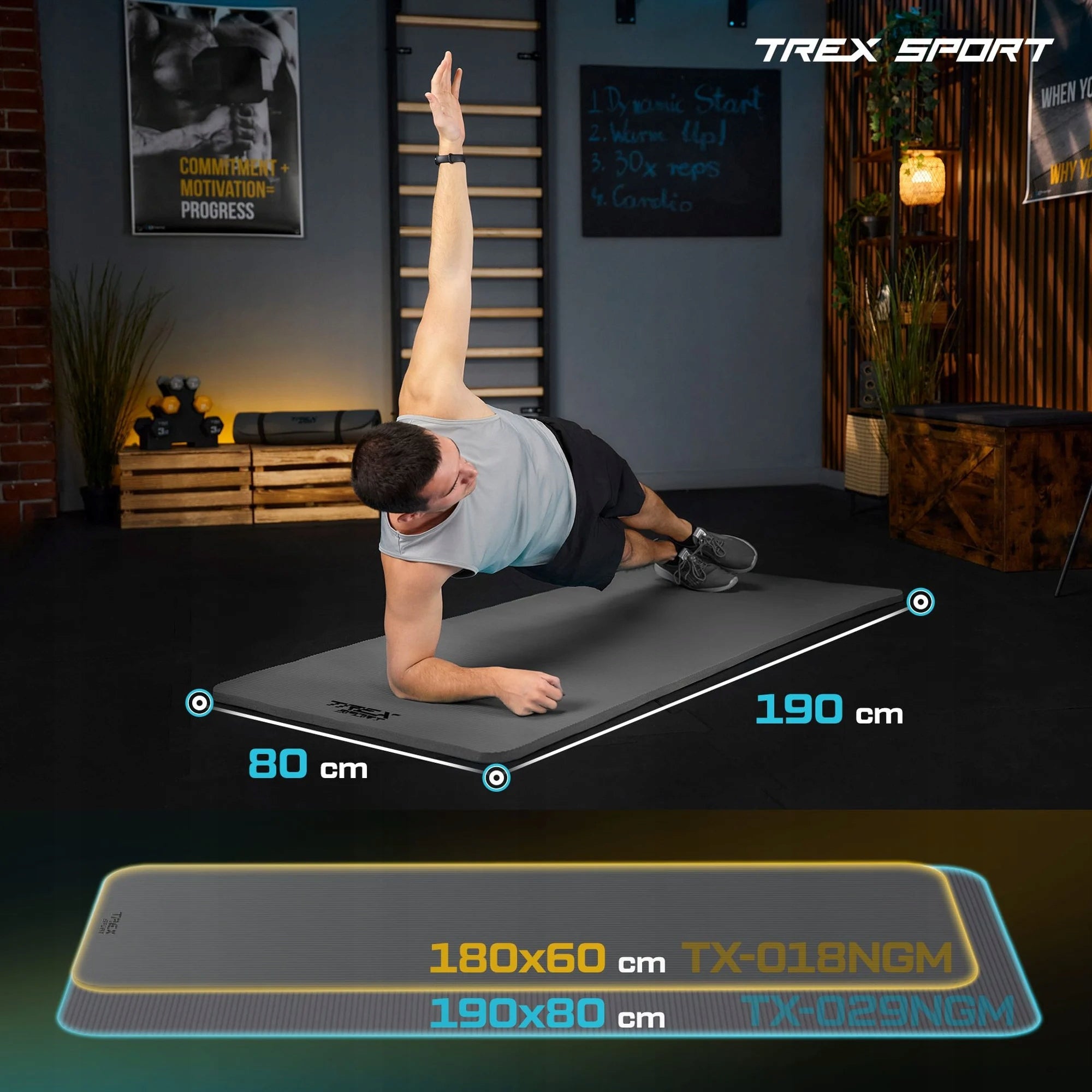 Non-slip exercise mat large 190x80cm thick 2cm for yoga Trex Sport Packaging status original