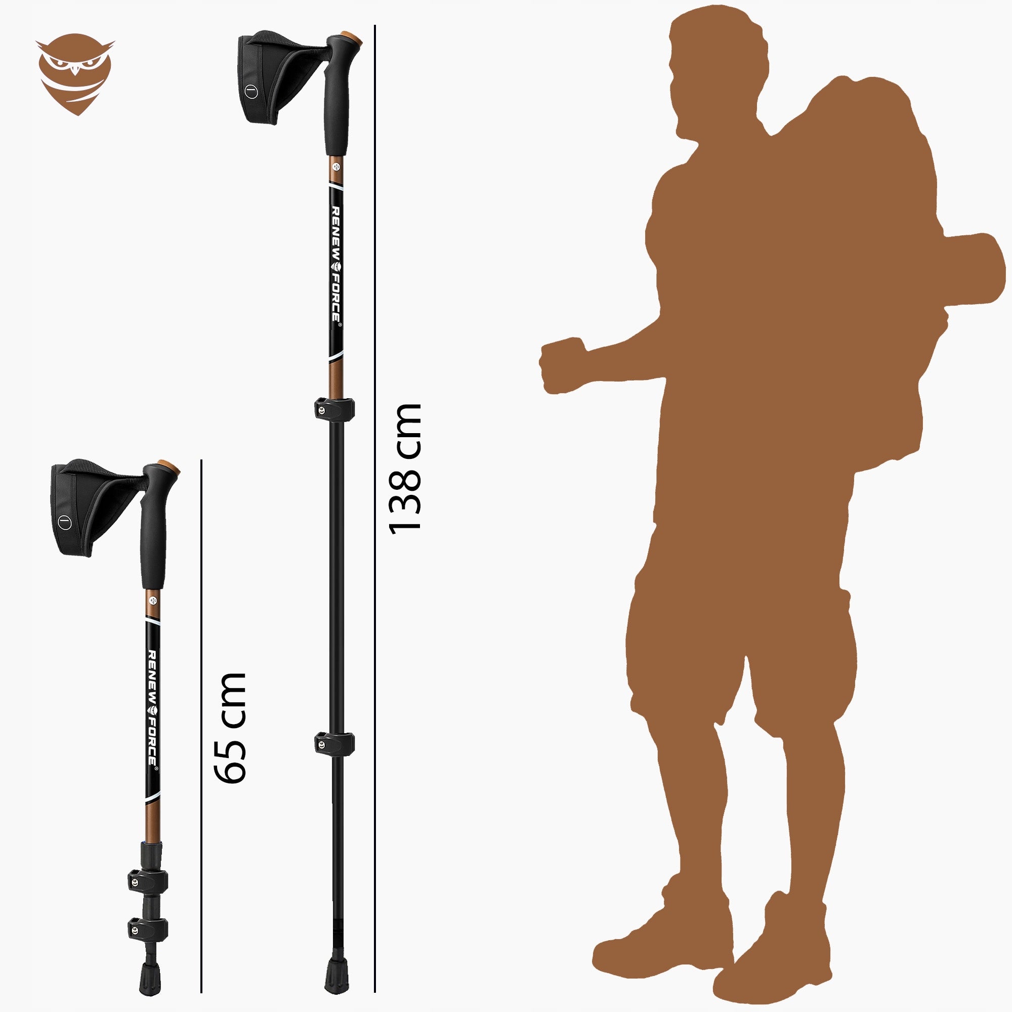 Nordic walking poles Renew Force adjustable 65-138 cm black Manufacturer code REGULACJA SOLIDNE DO TRENINGU STABILNY UCHWYT