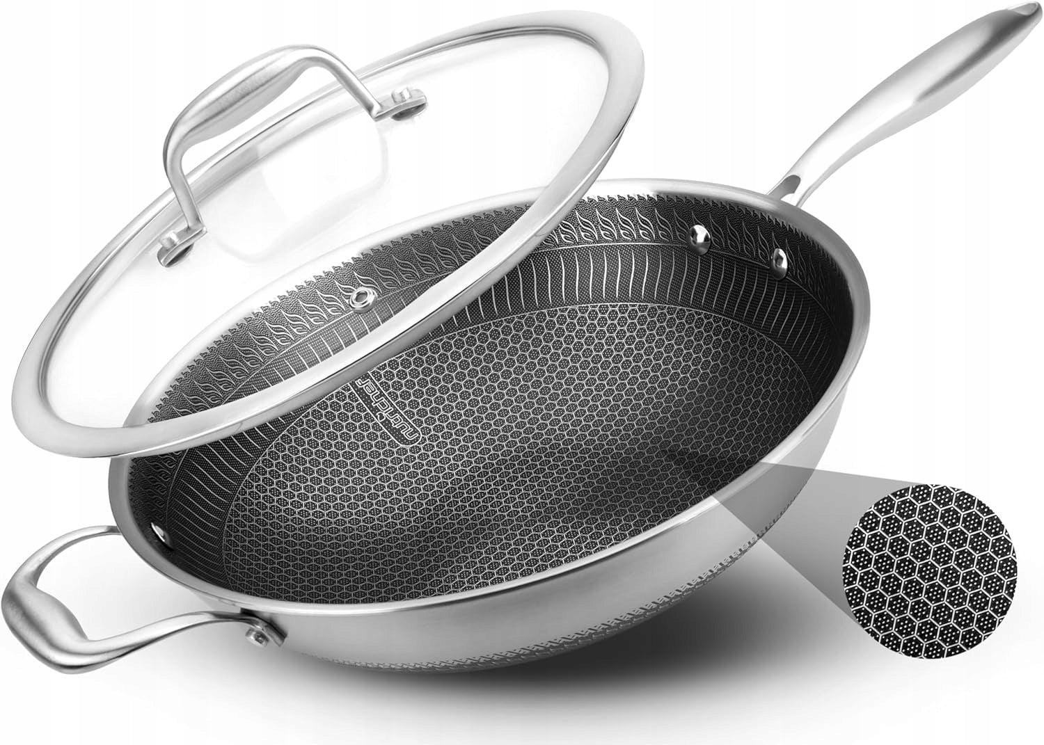 Nutrichef wok 30.5 cm stainless steel coating DAKIN with lid