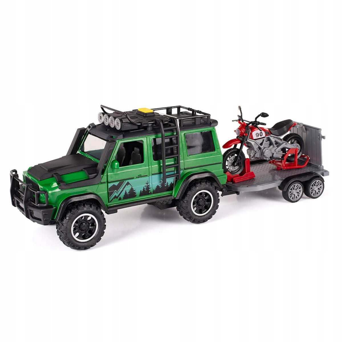 OFF-ROAD CAR TOW TRUCK WITH MOTORCYCLE OFF-ROAD CAR 4X4 MOTOR LIGHT SOUND Brand Jimly