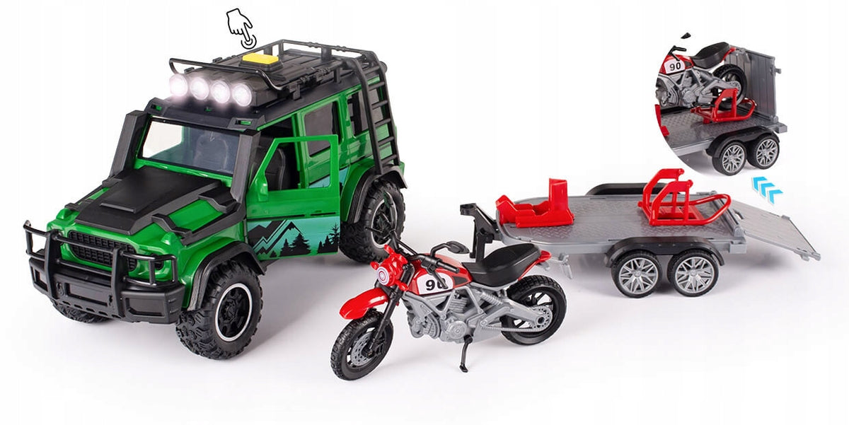 OFF-ROAD CAR TOW TRUCK WITH MOTORCYCLE OFF-ROAD CAR 4X4 MOTOR LIGHT SOUND Packaging status original