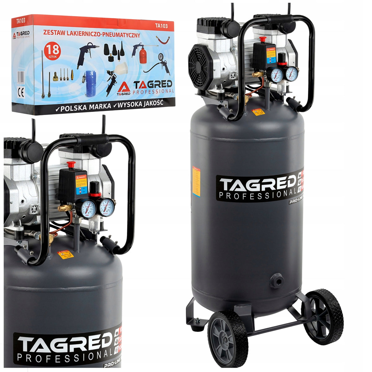 OIL-FREE VERTICAL STANDING COMPRESSOR 10 BAR 100L R2 + SET 18in1