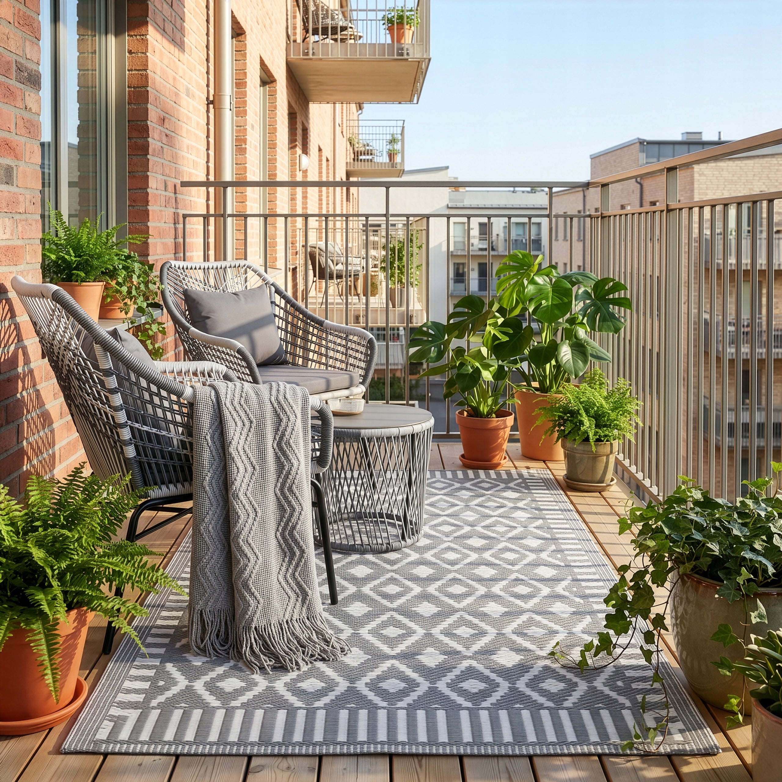 OUTDOOR CARPET 90x150 cm TERRACE WATERPROOF MAT FOR TERRACE BALCONY GARDEN Manufacturer code Dywan zewnętrzny 90x150 GEO DUNE GRAY - 39071