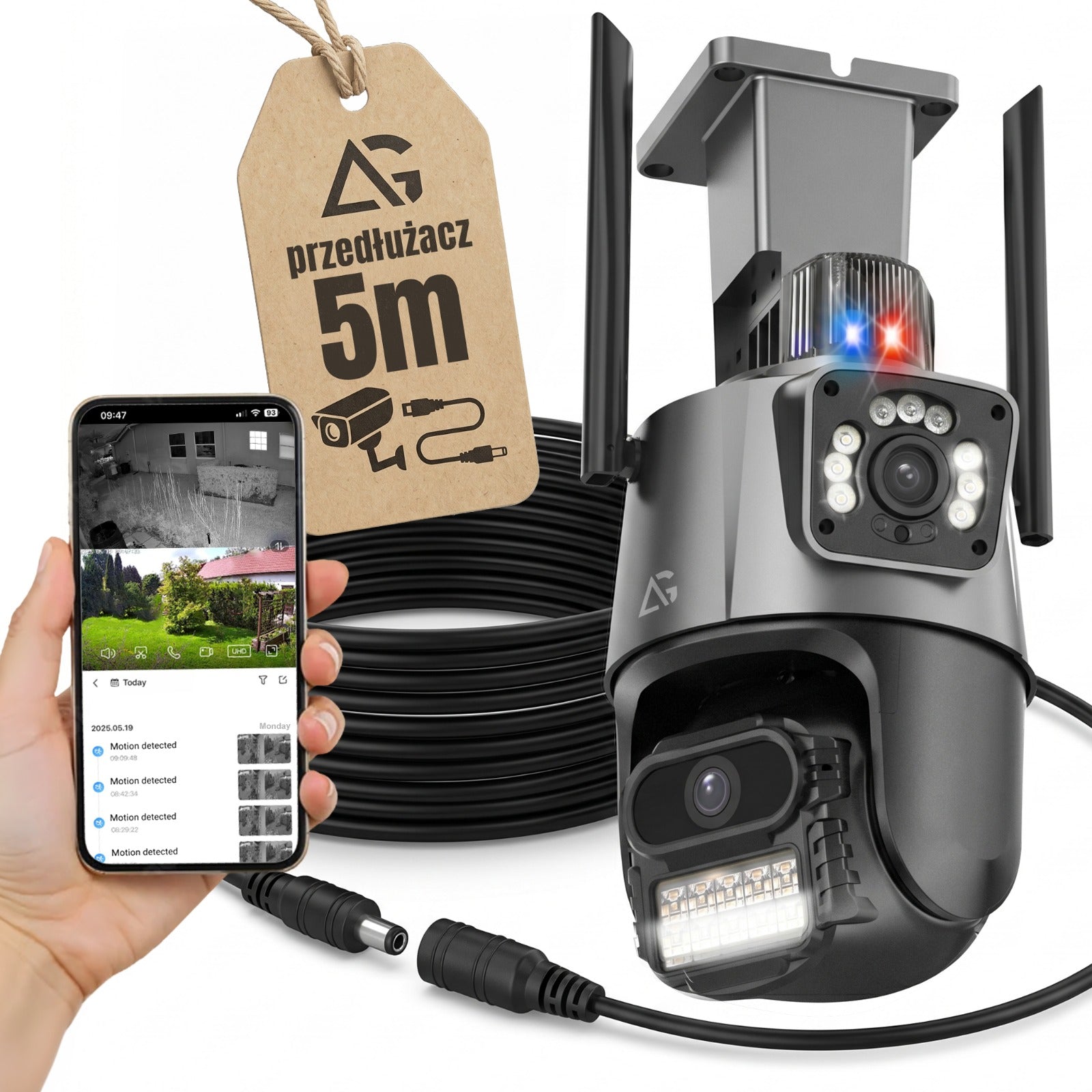 OUTDOOR WIFI CAMERA ROTATING DOUBLE ALARM ZOOM DETECTION + 5M CABLE