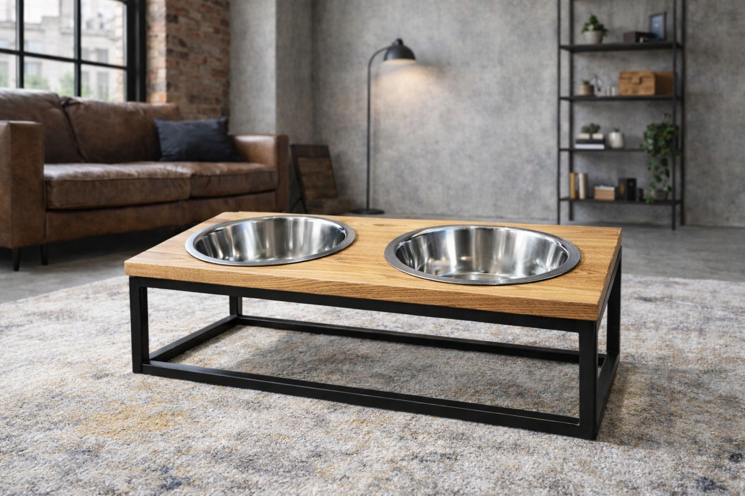 Oak Dog Stand with Two Bowls Size L 2x1,8l LOFT STYLE