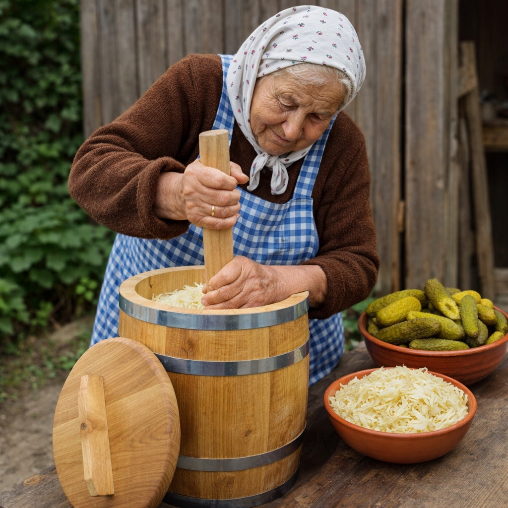 Oak barrel for pickling 10L for cabbage cucumbers with pressure and lid PZH Manufacturer code beczka debowa 10l do kiszenia kapusty ogorkow