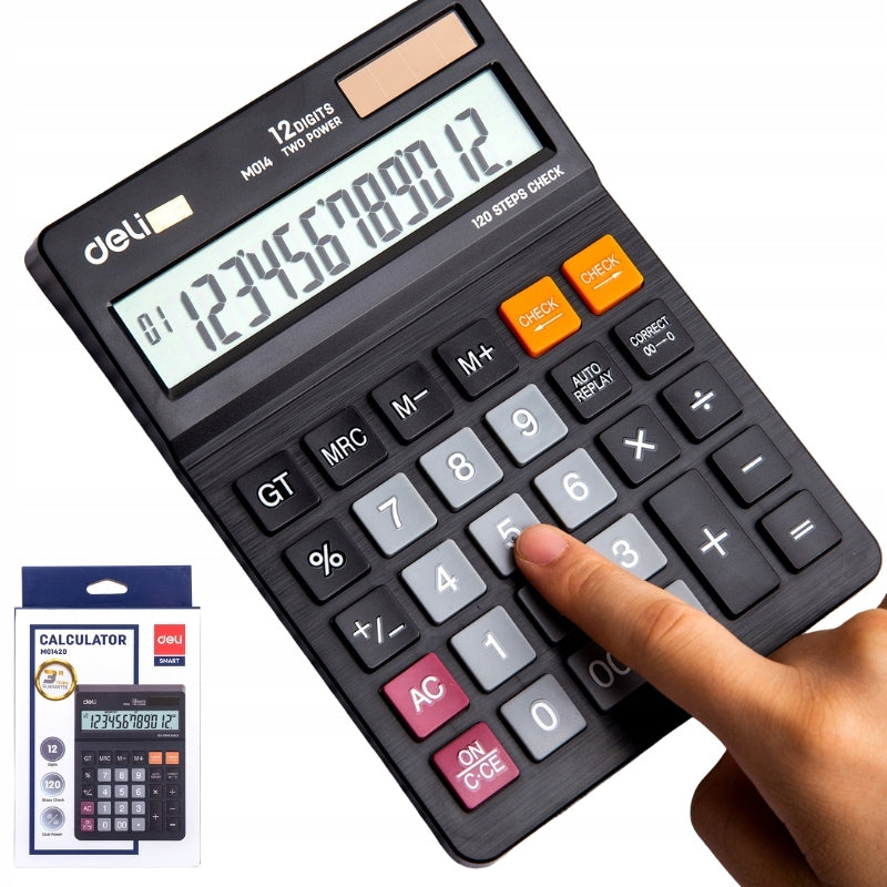 Office calculator black Deli 12-digit display Dual power supply