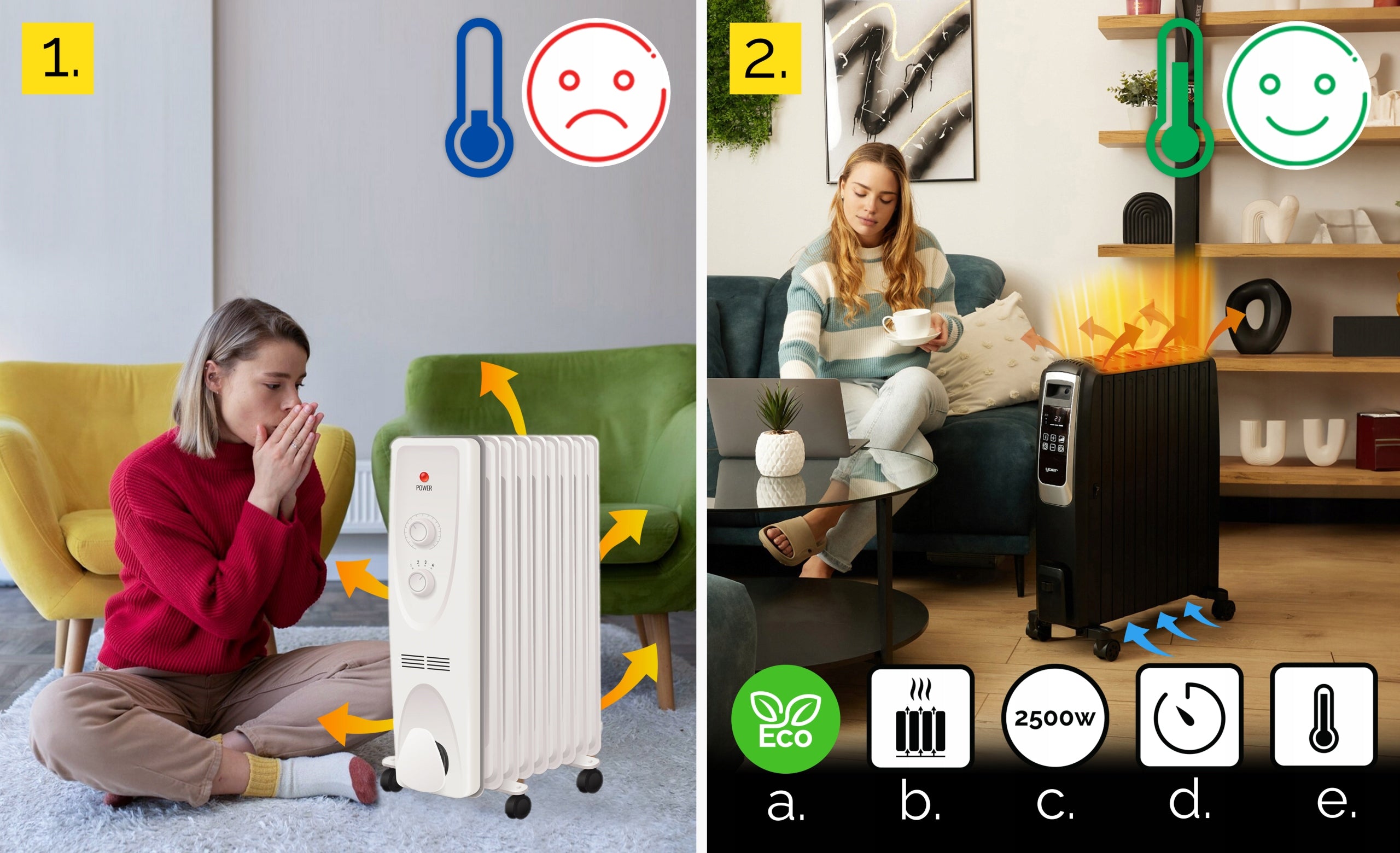 Oil heater Yoer 2500W 10 ribs +Timer +3 powers +Energy-saving mode Manufacturer code OFR1025BK Grzejnik elektryczny z termostatem