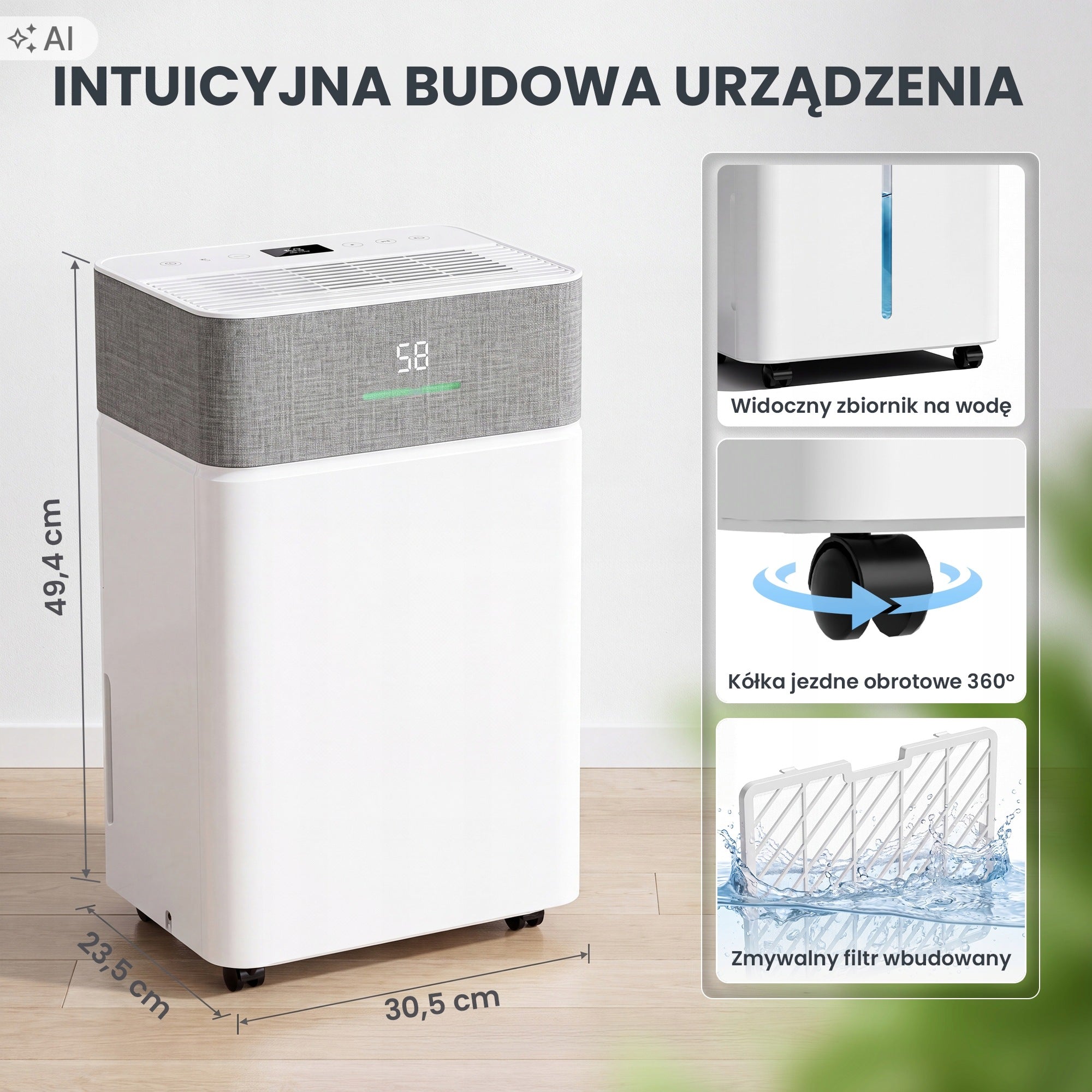 Osuszacz powietrza 20l, WiFi, 4,3l, czujnik, cicha praca, timer Packaging status original