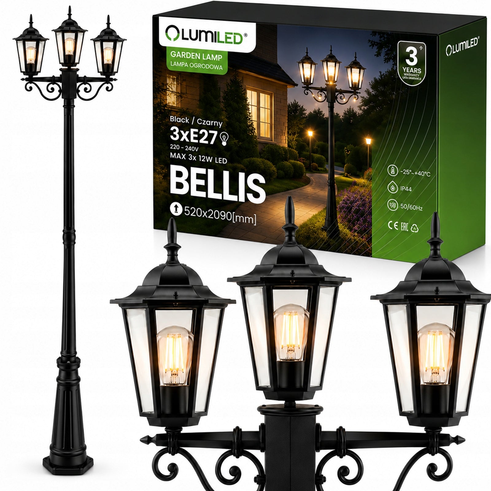 Outdoor Standing Garden Lamp PARK LANTERN POST 2m LED 3x E27