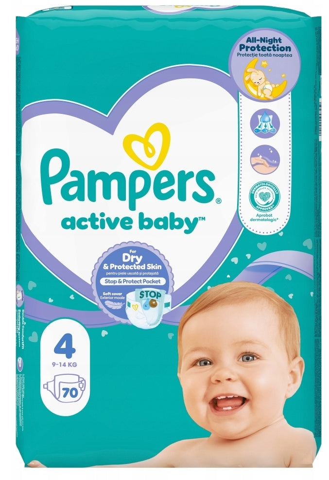 PAMPERS ACTIVE BABY DIAPERS 9-14 KG SIZE 4 70 PCS Manufacturer code 8001090948250
