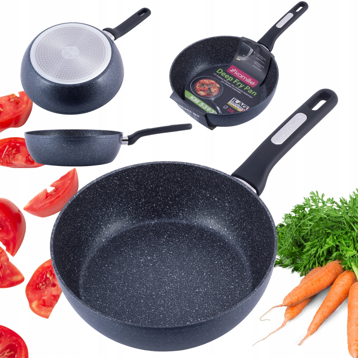PAN 26 CM MARBLE DEEP THICK TRADITIONAL WOK GAS INDUCTION KAMILLE