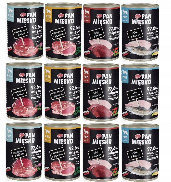 PAN MIĘSKO WET DOG FOOD MIX OF FLAVORS 12X400G YORK MALTESE BULLDOG