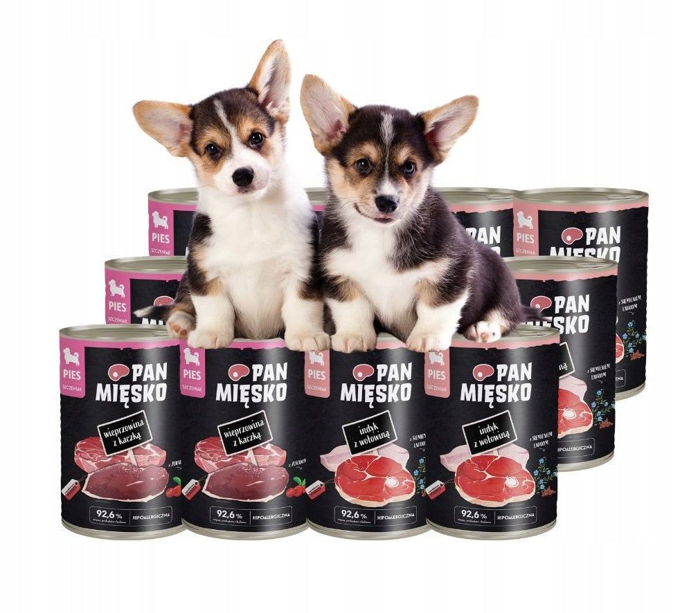 PAN MIĘSKO Wet dog food MIX OF FLAVORS for Puppy 12x400g TO START