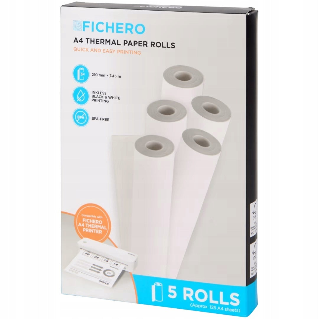 PAPER ROLLS THERMAL PRINTING SET A4 210 mm x 7.45 m 5 PIECES FICHERO