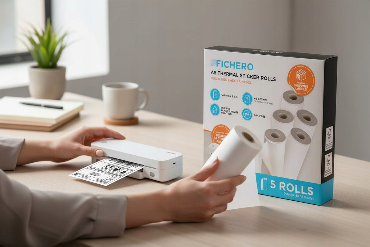 PAPER ROLLS THERMAL PRINTING SET A5 A6 148 mm x 3,5 m 5 PIECES FISCHERO Packaging status original