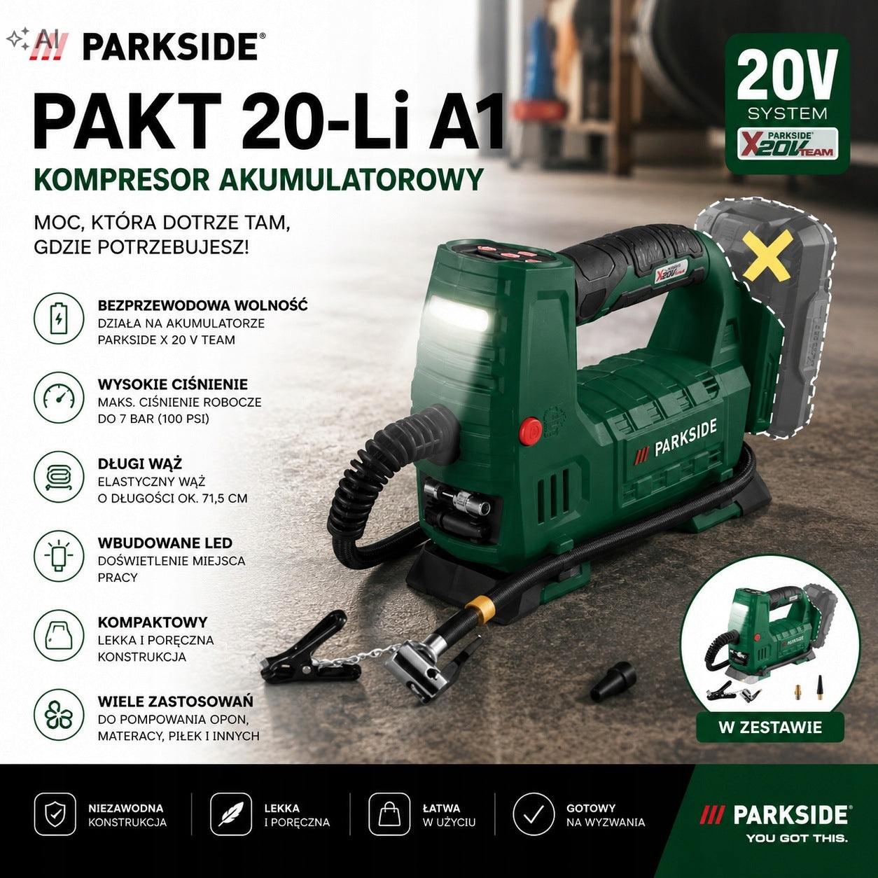 PARKSIDE 20 V battery compressor, PAKT 20-Li A1 + accessories Brand Parkside