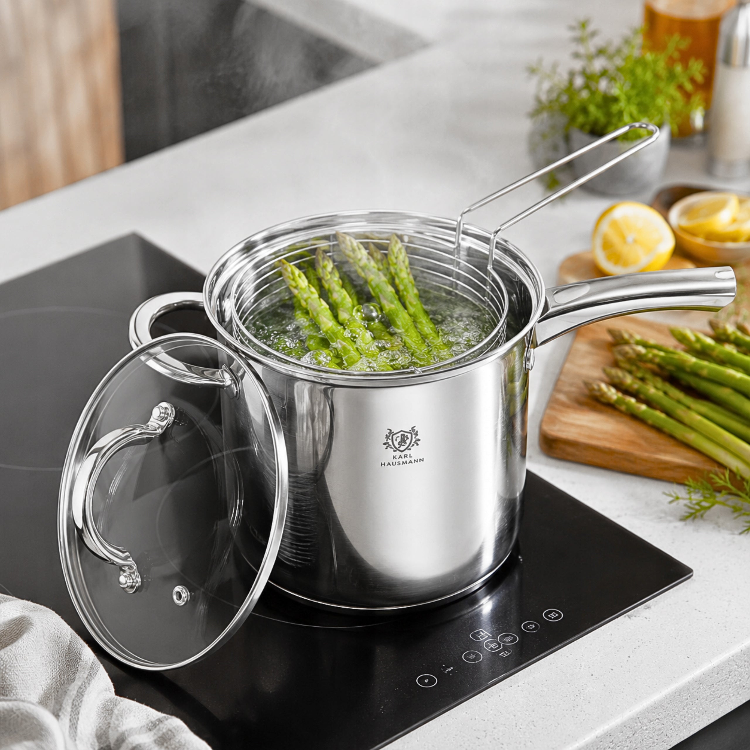 PASTA ASPARAGUS FRIES POT 3,6L STEAMING STRAINER INDUCTION Manufacturer code GARNEK DO SMAŻENIA FRYTEK Z POKRYWĄ 3,6L 18CM