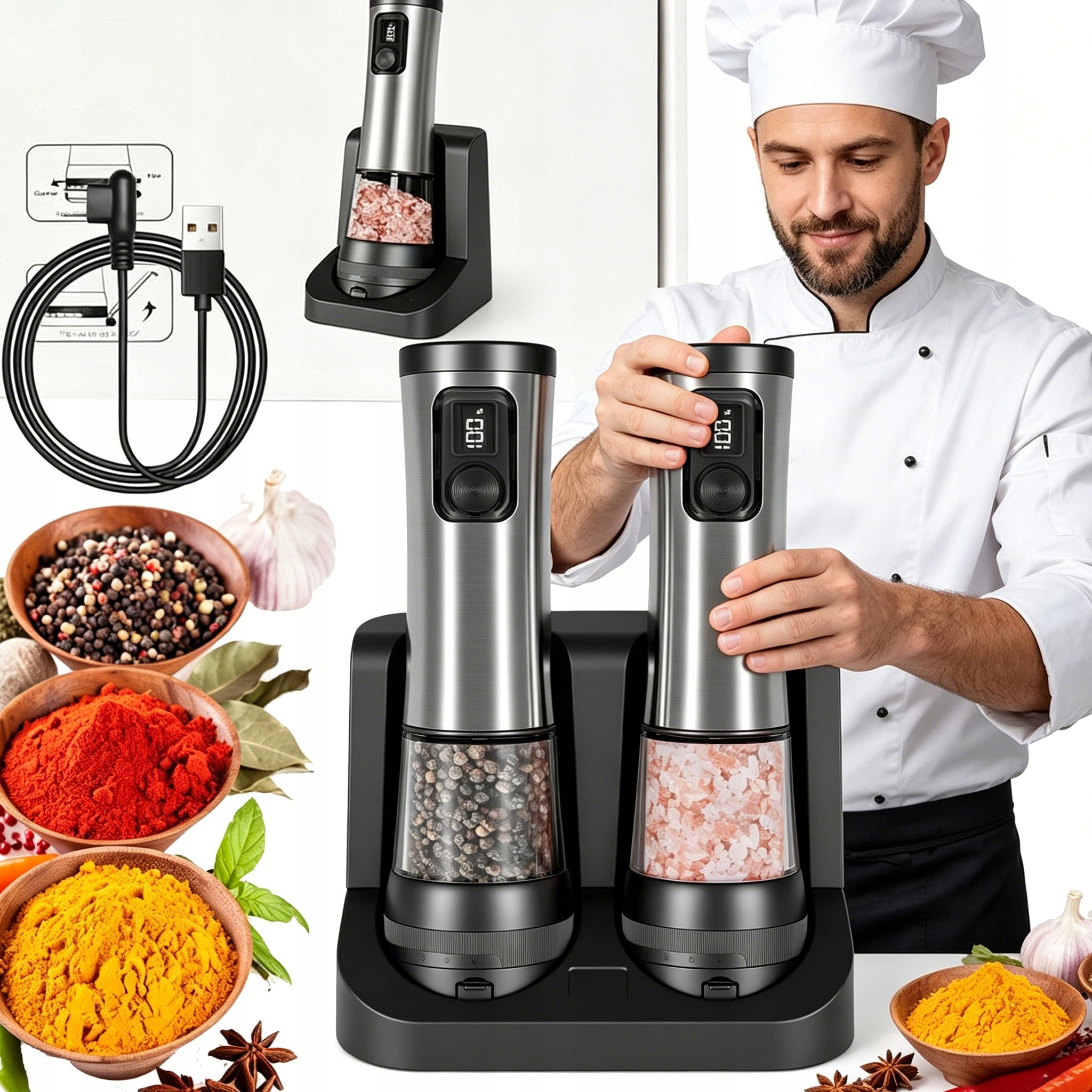 PEPPER AND SALT GRINDER ELECTRIC ADJUSTMENT ELEGANT SET x2