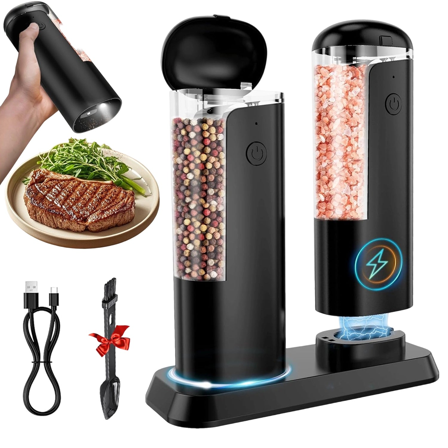 PEPPER AND SALT GRINDER ELECTRIC CORDLESS USB SALT GRINDER 2 PCS