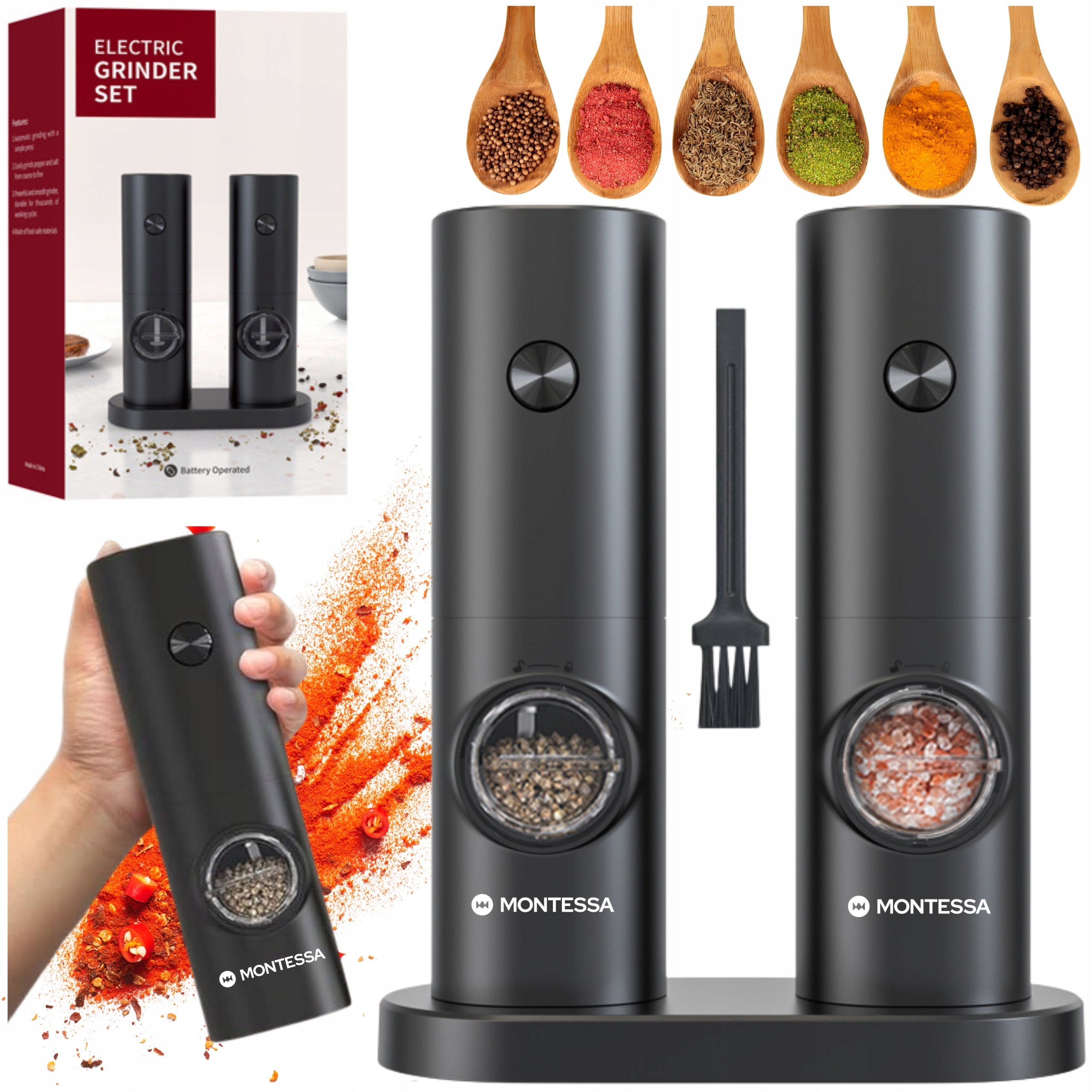 PEPPER AND SALT GRINDER ELECTRIC SET OF 2 PCS CLEANER STAND MONTESSA