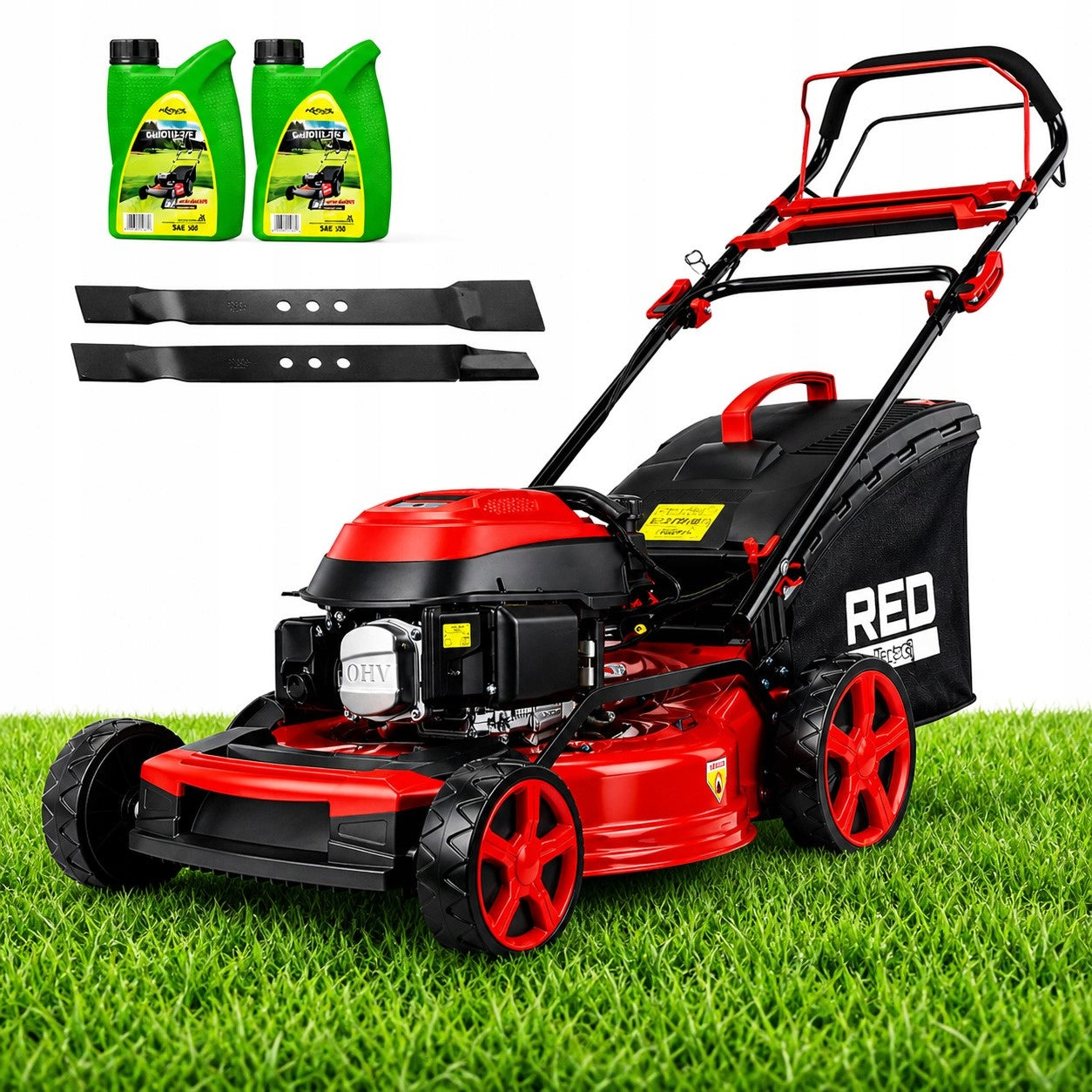 PETROL MOWER WITH DRIVE 7KM STRONG 51CM 8IN1 BASKET 60L + 2X KNIFE + 2X OIL